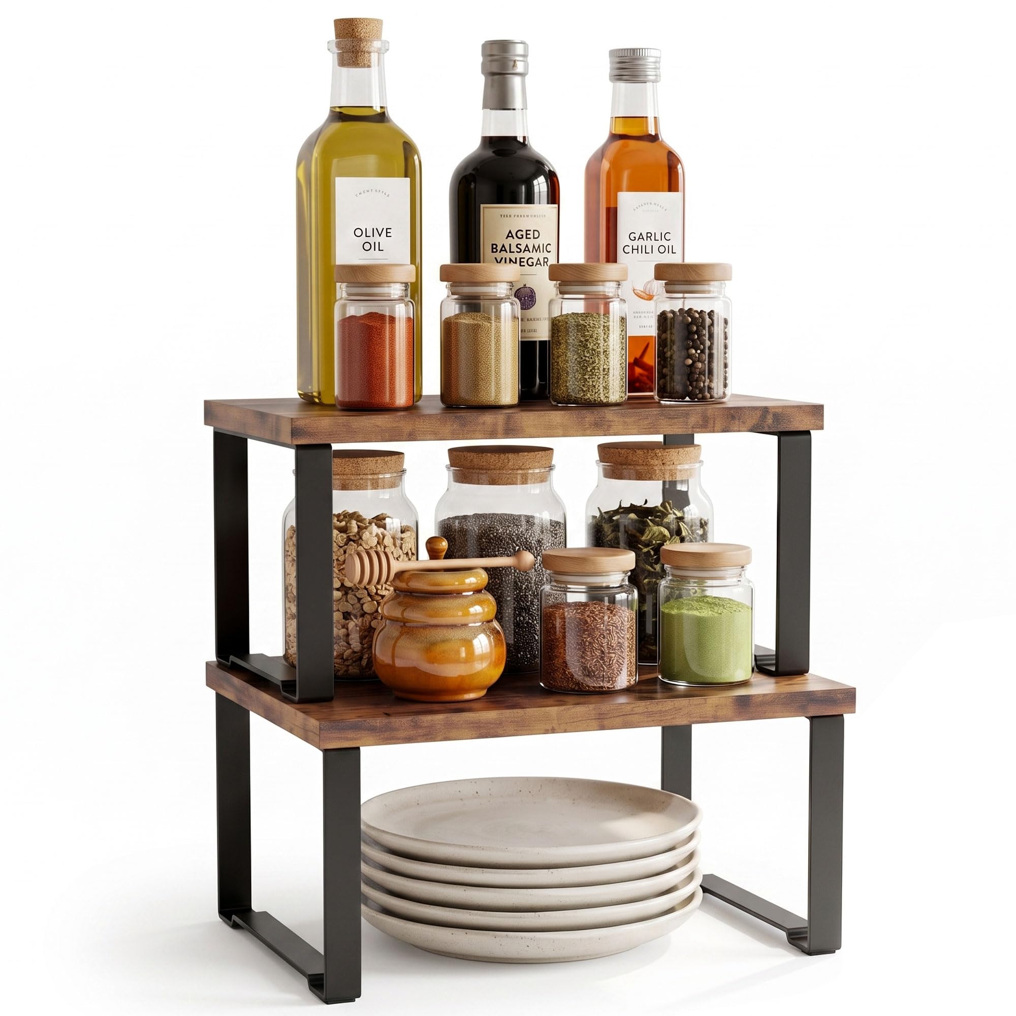 Homedawn Cabinet Organizer Shelf, Kitchen Counter Shelves Set of 2, Expandable Spice Rack,Kitchen Storage Riser,Stackable, for K