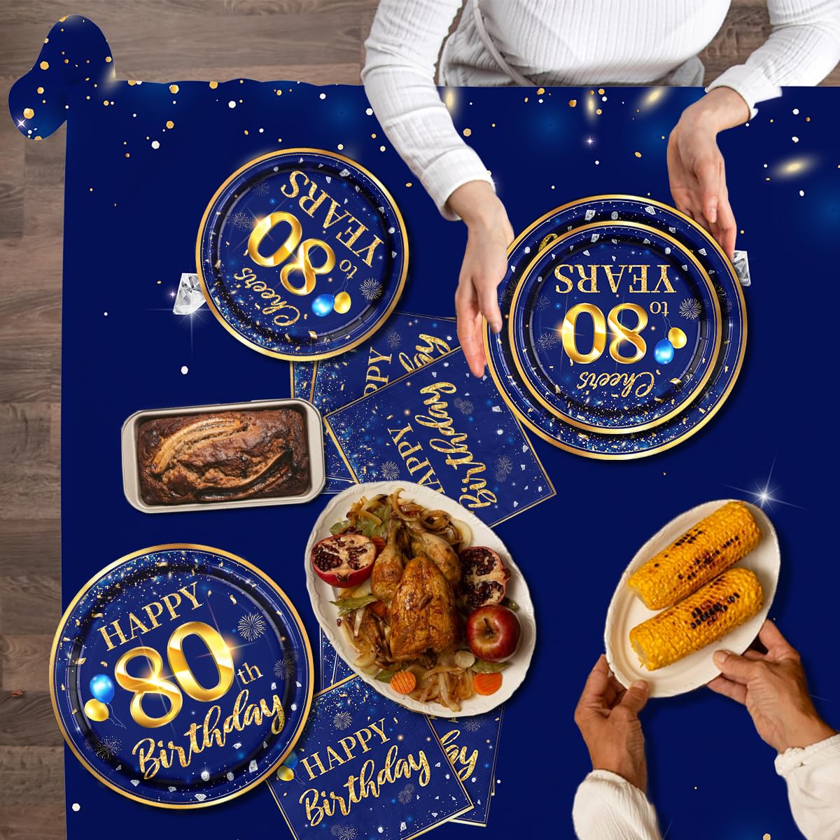 80Th Birthday Decoration Men-142Pcs Navy Blue And Gold Birthday Tableware Set(Serve For 20) Include Happy 80Th Birthday Banner P