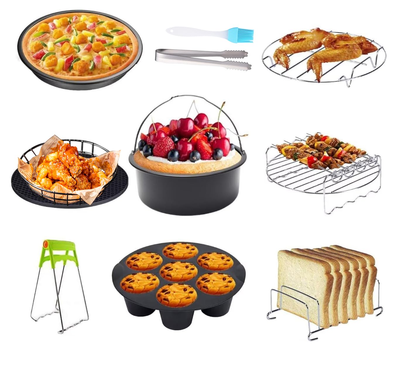 Jackgold Air Fryer Accessories Set Fit All 5.2Qt-6.8Qt And Larger Ovens, Cake & Pizza Pan, Metal Holder, Rack & Skewers, Etc, Bp