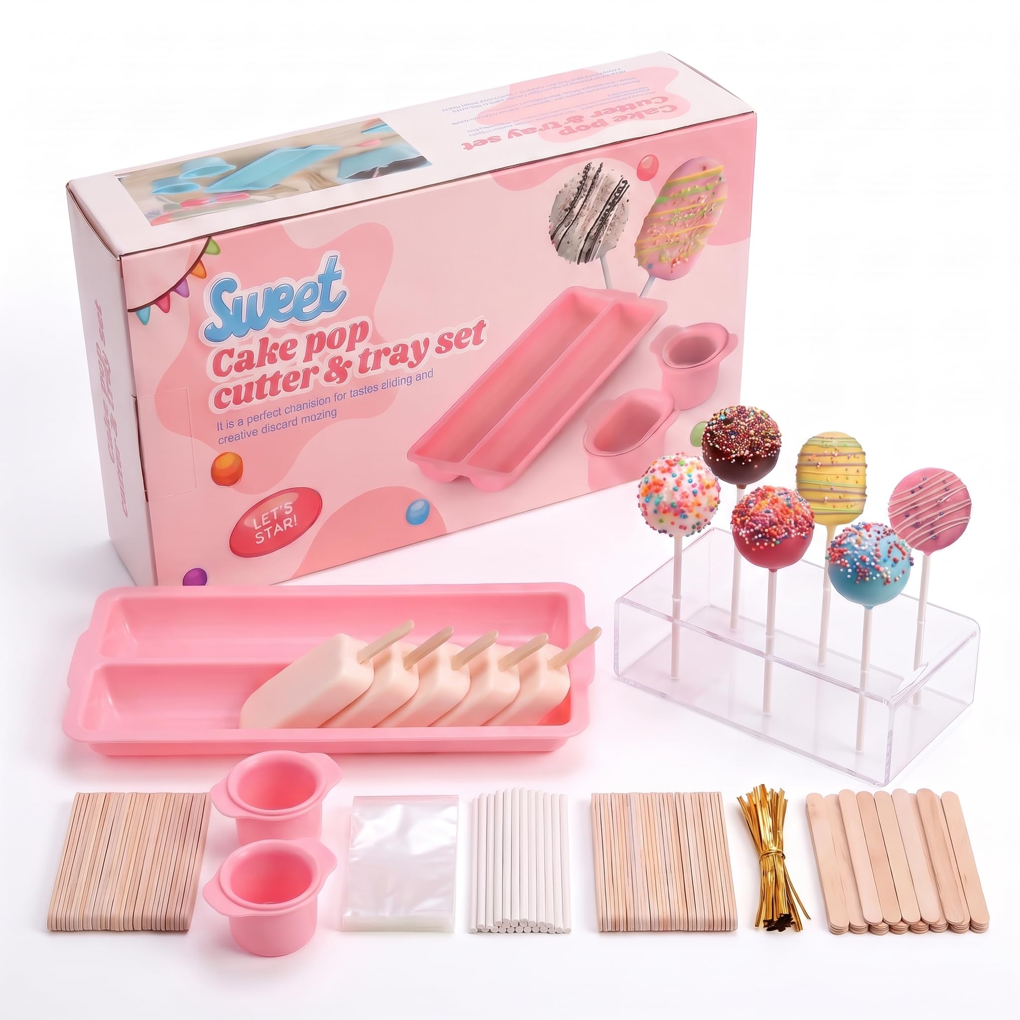 ALOVQZEMRI Cakesicle Cutter and Cake Pop Mold Set, Include 9.3 Inch Tray, Stands, Sticks, Bags and Ties, Complete Cake Pop Maker