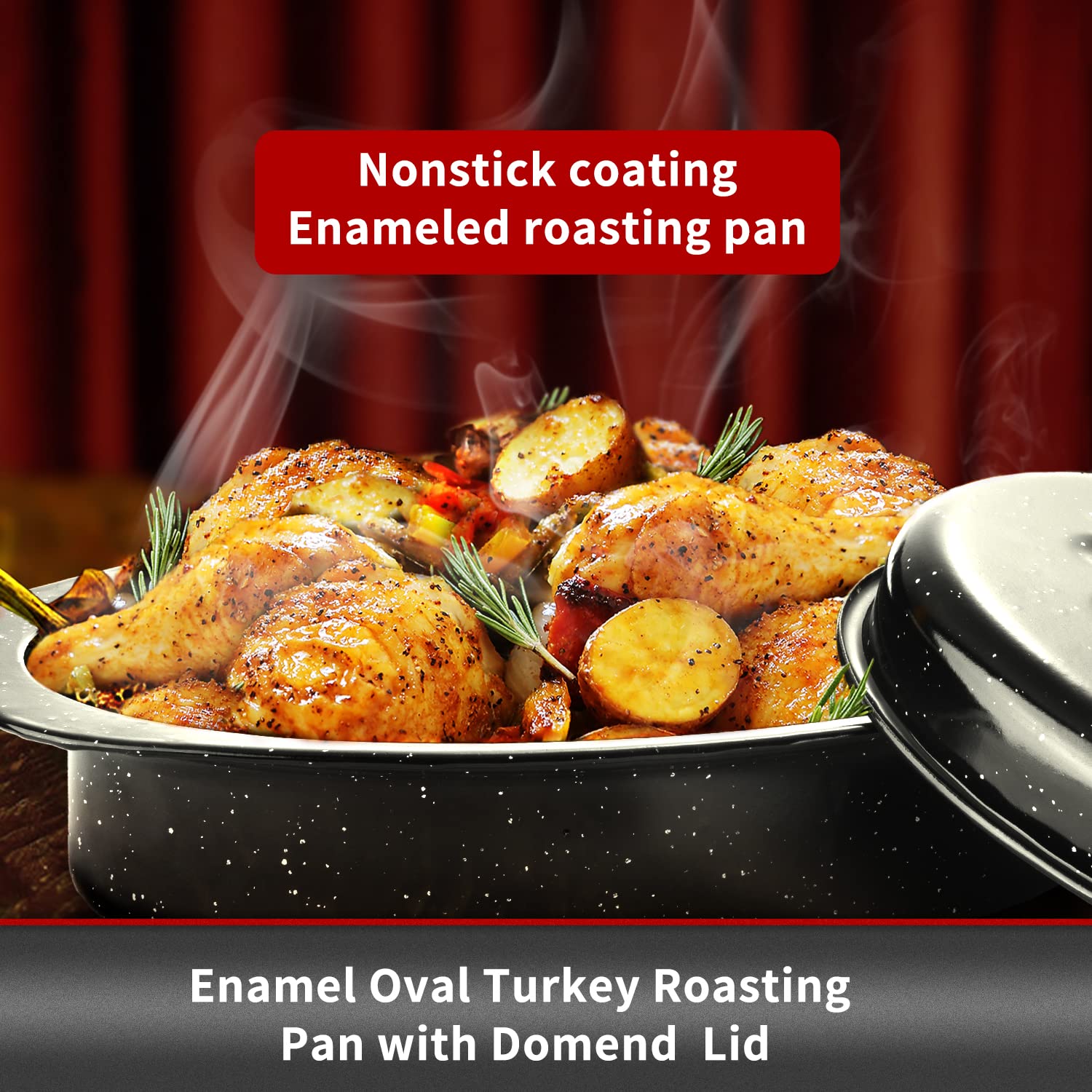 Jy Cookment Granite Roaster Pan, Small 13    Enameled Roasting Pan With Domed Lid. Oval Turkey Roaster Pot, Broiler Pan Great Fo