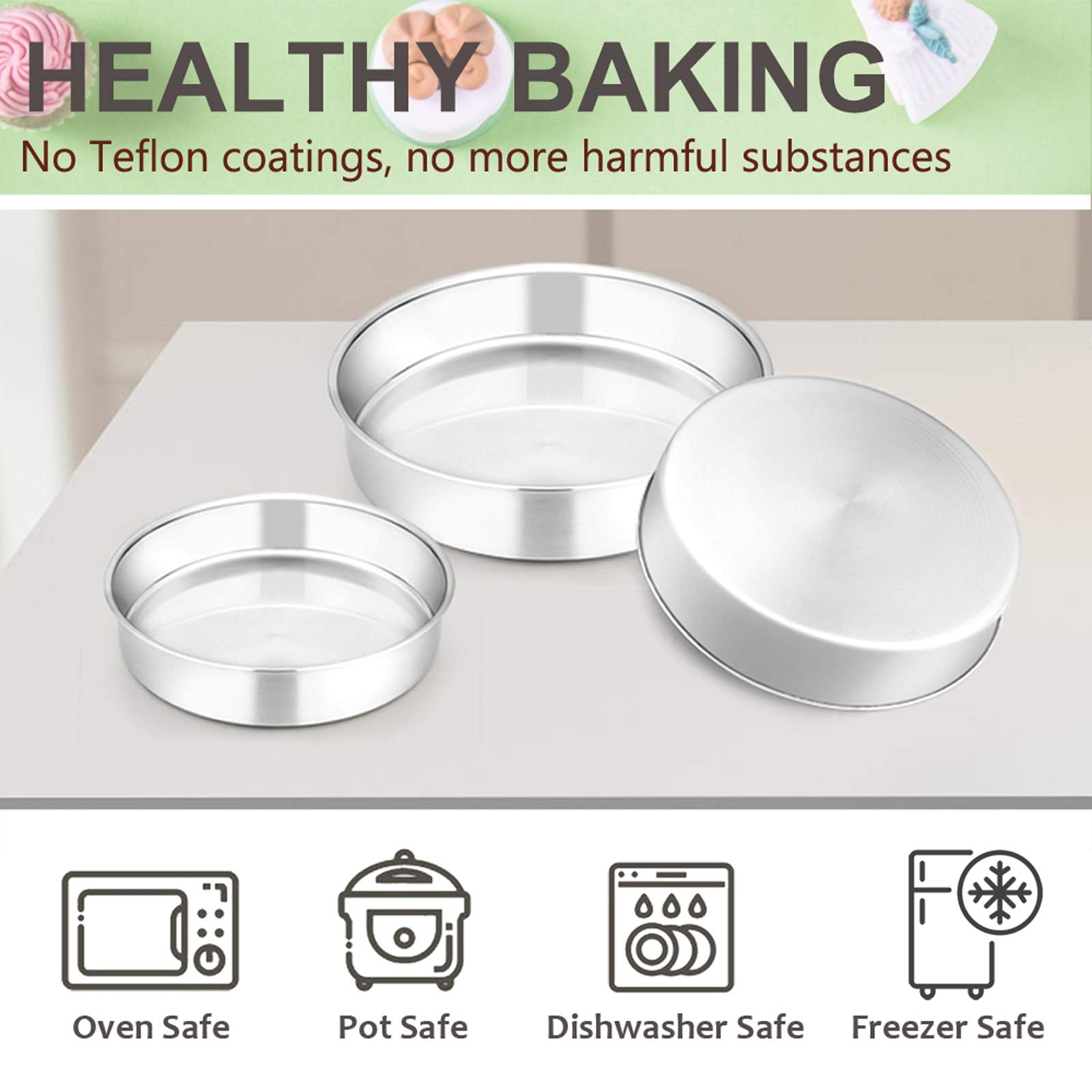 E-Far Cake Pan Set Of 3 (6 Inch/8 Inch/9 Inch), Stainless Steel Round Layer Cake Baking Pans, Perfect For Birthday Wedding Tier