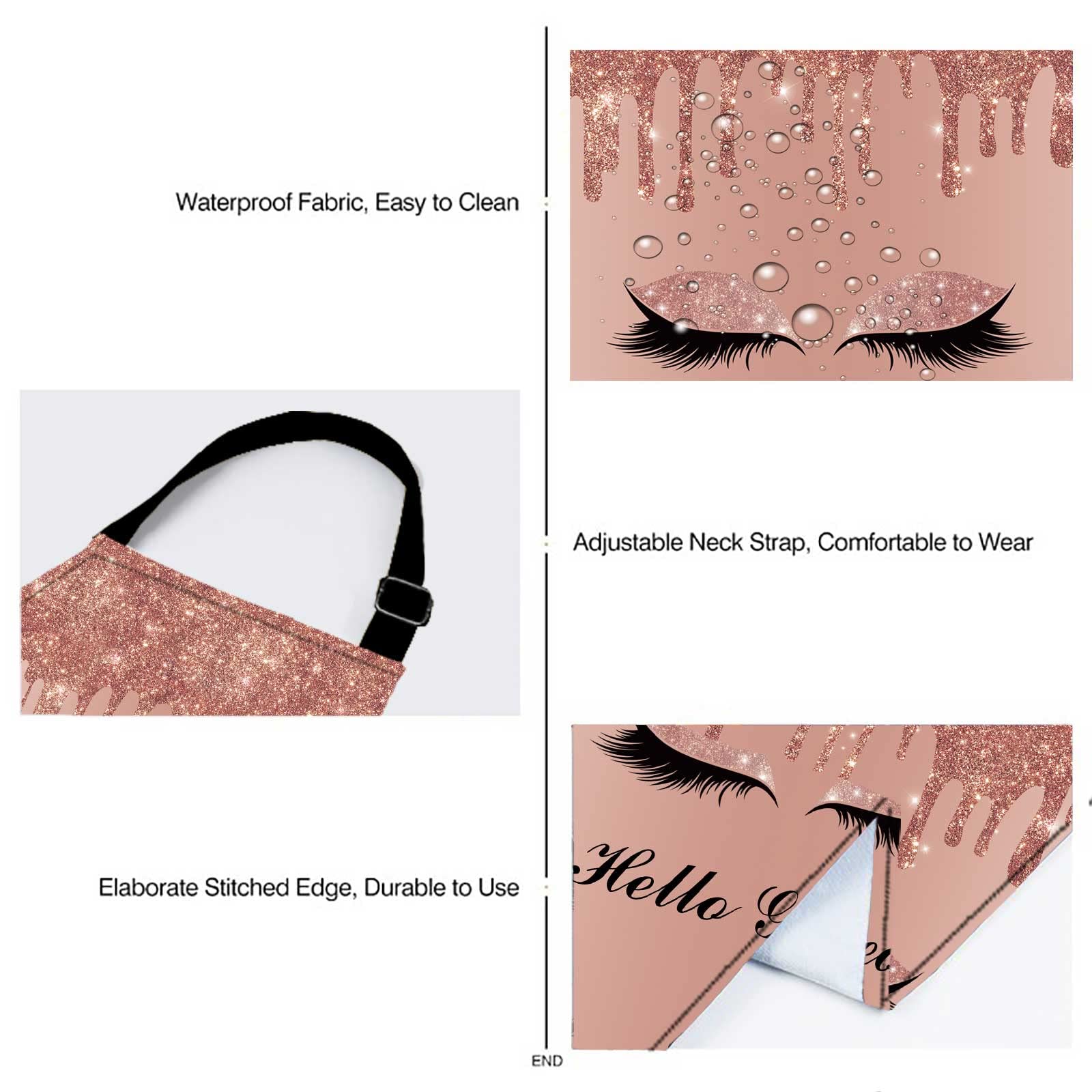 Sscsts Hello Gorgeous Unicorn Eyelash Apron With 2 Pockets, 26.5X33.1In, Adjustable Size Bib Rose Gold Aprons For Men Women Kitc