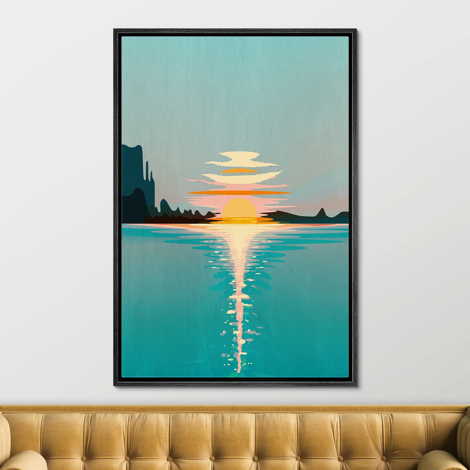 Signford Framed Canvas Print Wall Art Pastel Sky Sunset Ocean Reflection Nature Wilderness Illustrations Modern Art Decorative R