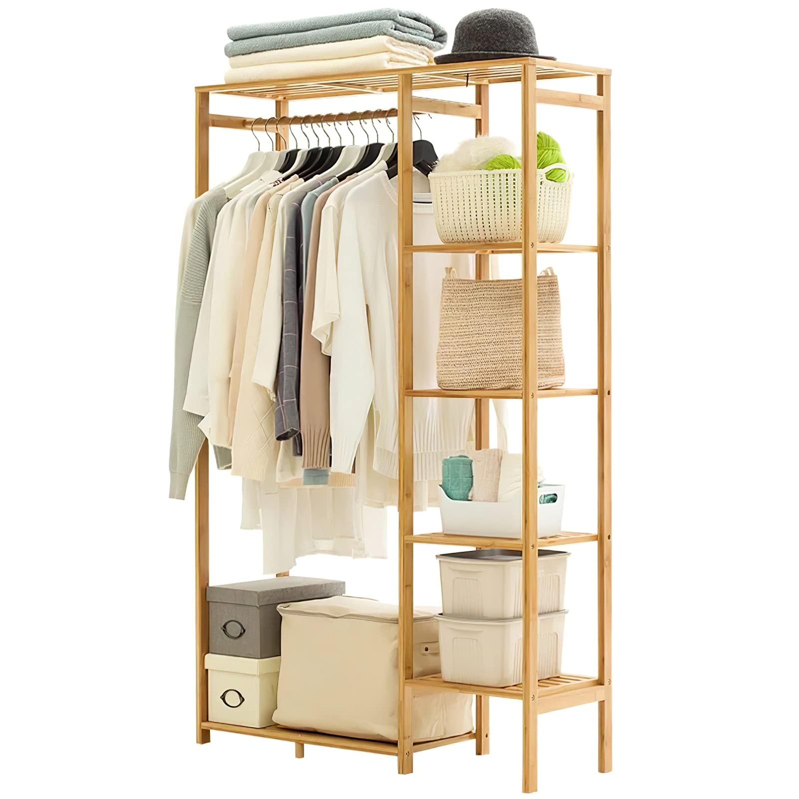 Jotsport Bamboo Clothing Rack with 6 Tier Storage Shelf Multifunctional Garment Organizer Wardrobe Closet for Guest Room Kids Ba