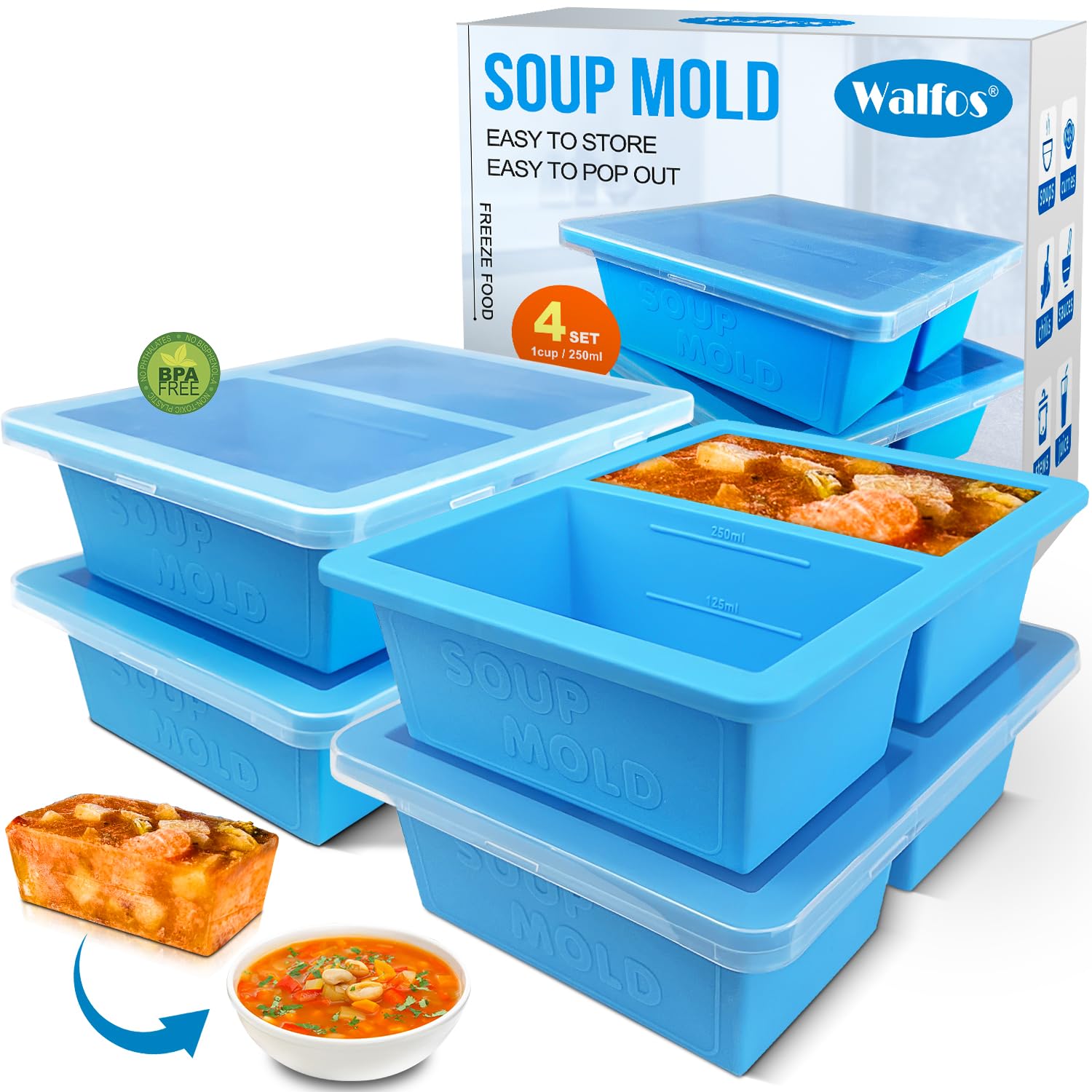 Walfos 1-Cup Silicone Freezer Molds With Lid, 4 Packs Soup Freezer Ice Cube Tray For Food, Silicone Food Freezing Container For