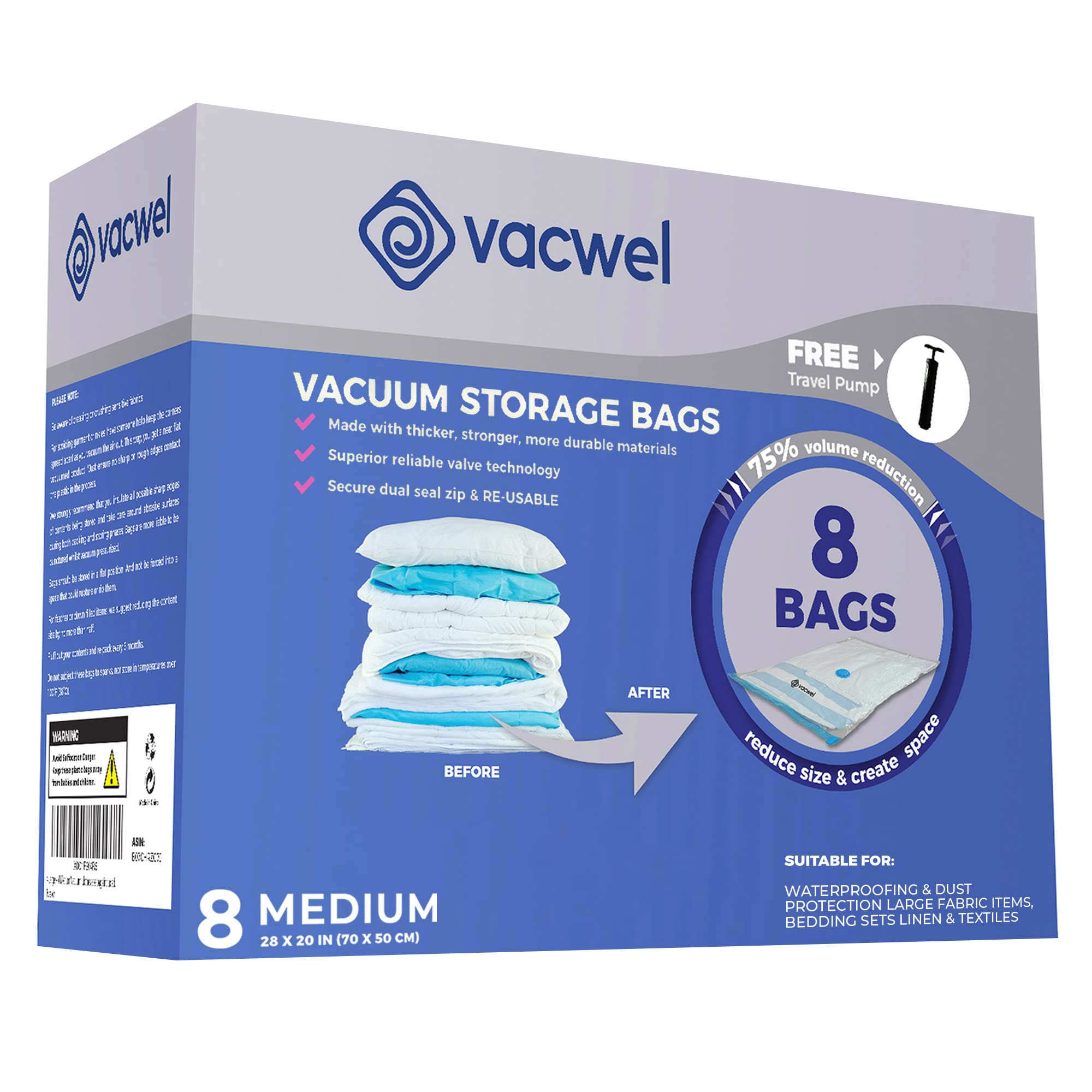 Vacwel 8-Pack Medium - Space Saver Vacuum Storage Bags For Clothes Storage - Vacuum Seal Bags For Clothing Storage, Linen Packin