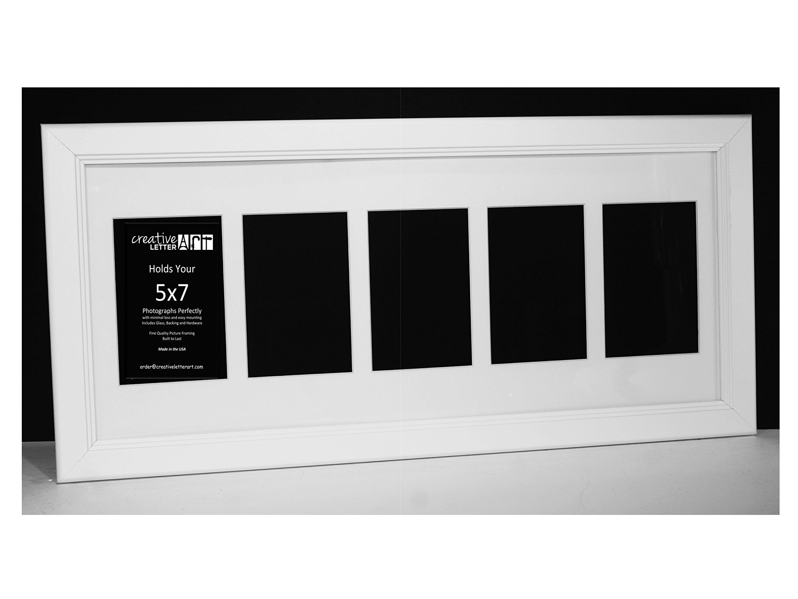Creative Letter Art 5 Opening Glass Face White Picture Frame to hold 5 by 7 inch Photographs including 10x32-inch White Mat Coll