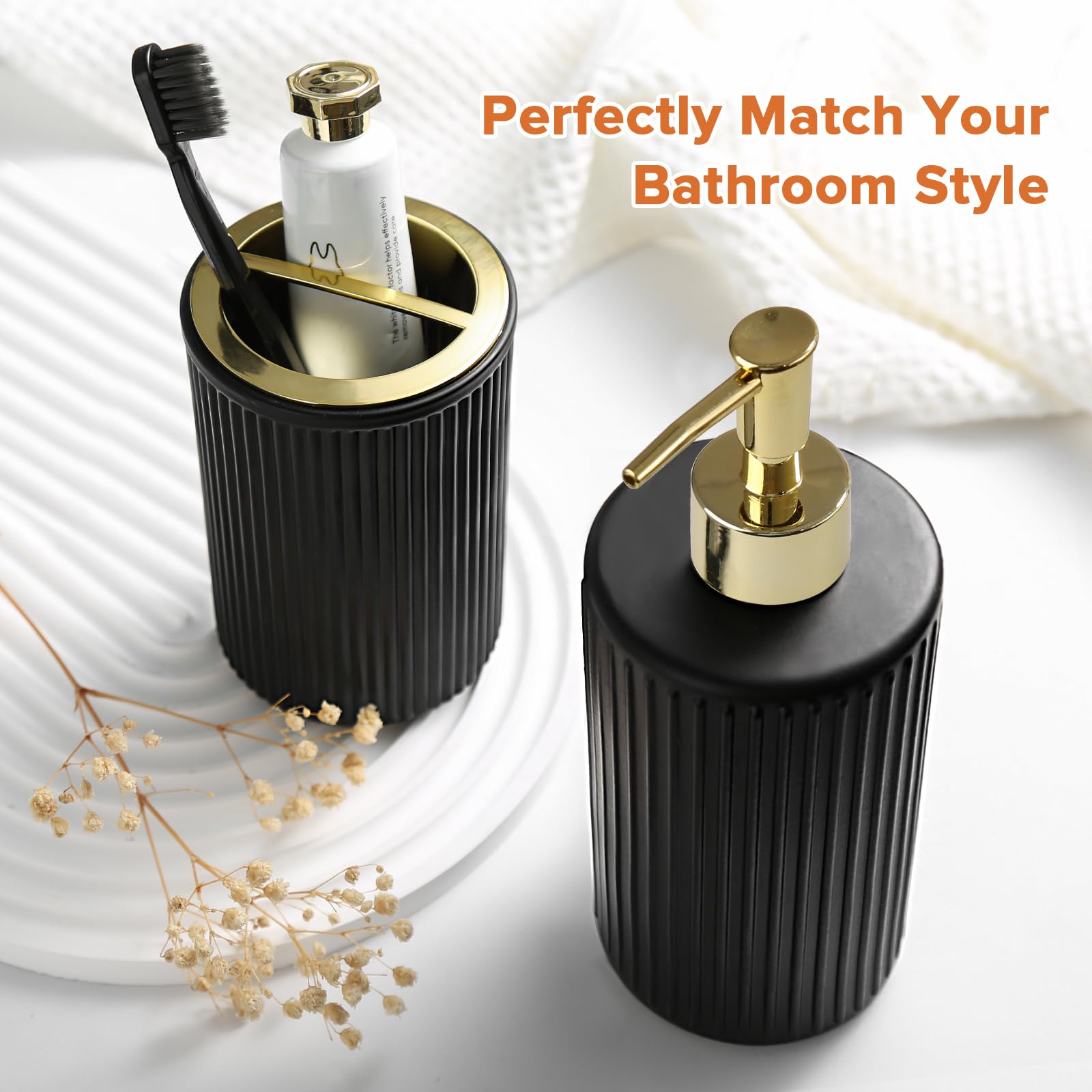 Rytoxilo Matte Black And Gold Bathroom Accessories Set, 4 Pack Glass Bath Accessory Sets Complete, Ribbed Soap Dispenser And Too