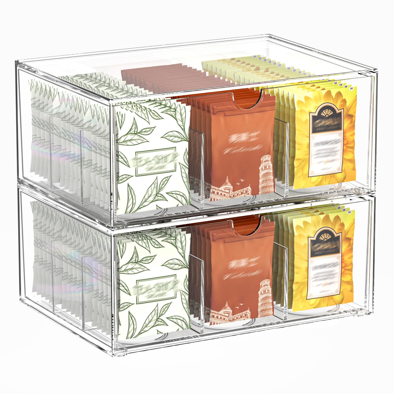 2 Pack Clear Tea Bag Organizer, Stackable Drawer Organizer with Dividers for Pantry Bathroom Vanity Kitchen  Cabinet Countertop