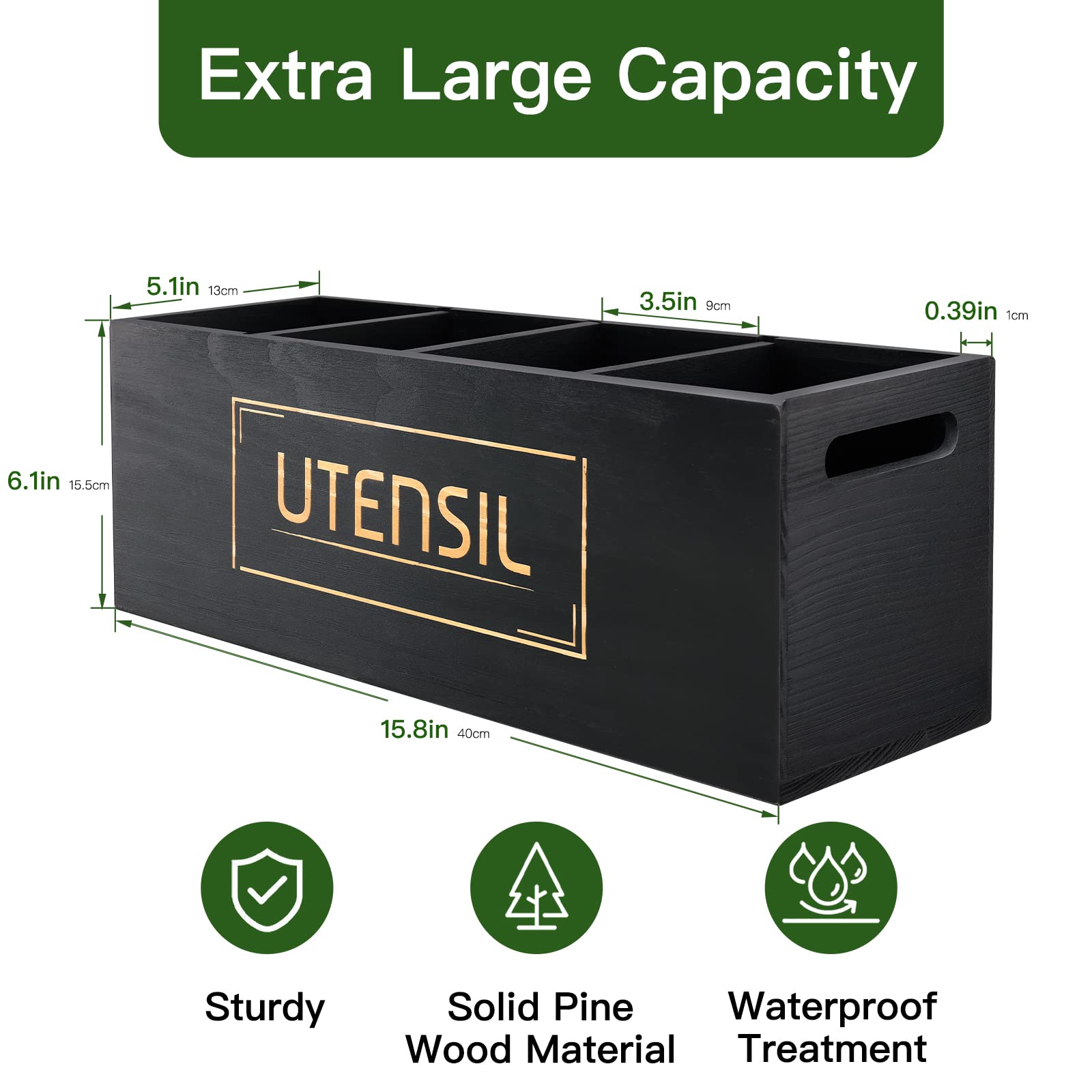 Utensil Holder Extra Large Utensil Organizer With 4 Compartments, Wooden Rustic Utensil Crocks For Kitchen Counter, Farmhouse Co