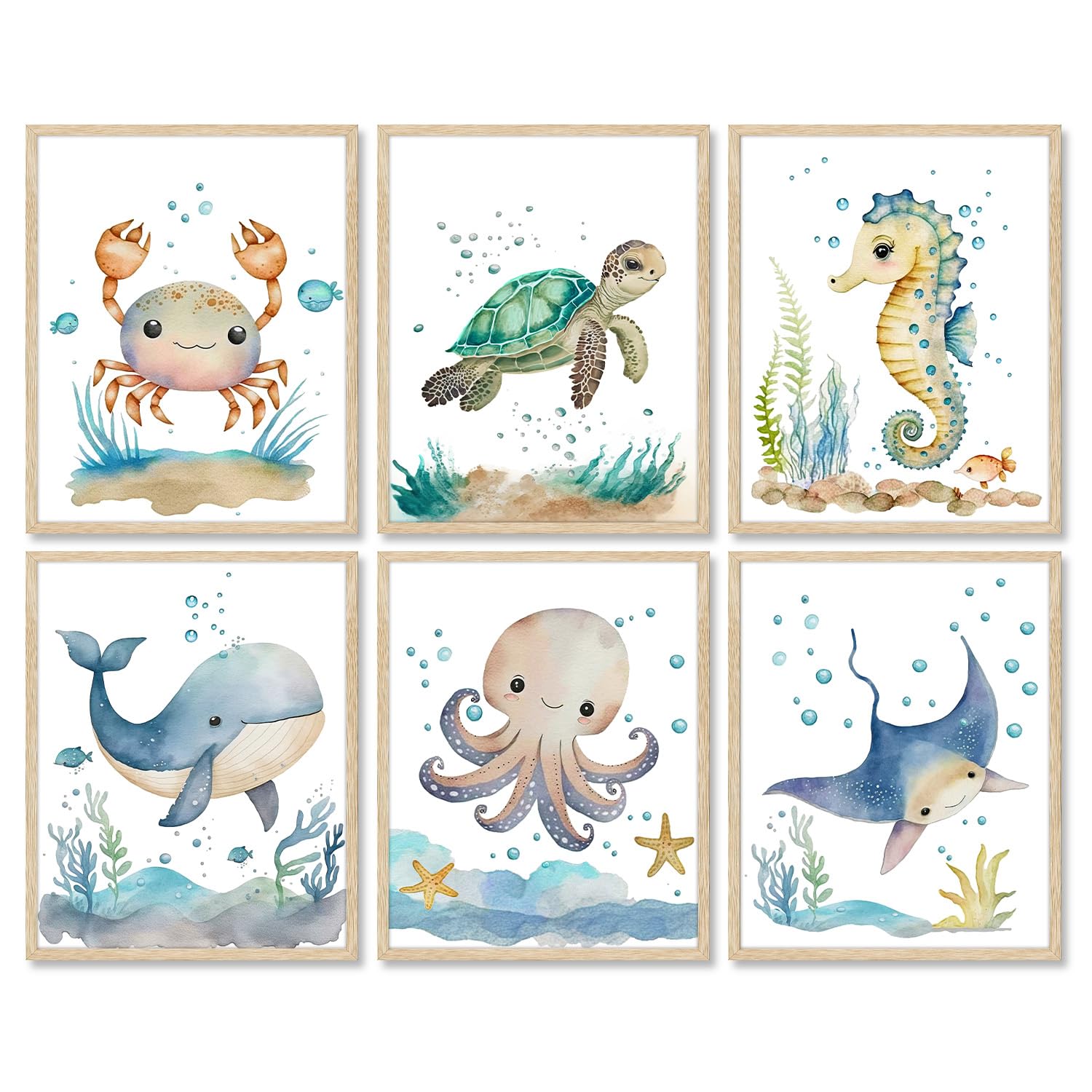 Dazzlewall 6Pcs Ocean Themed Nursery Wall Decor Watercolor Sea Animal Canvas Wall Art For Kids Boys Girls Nursery Bathroom Bedro