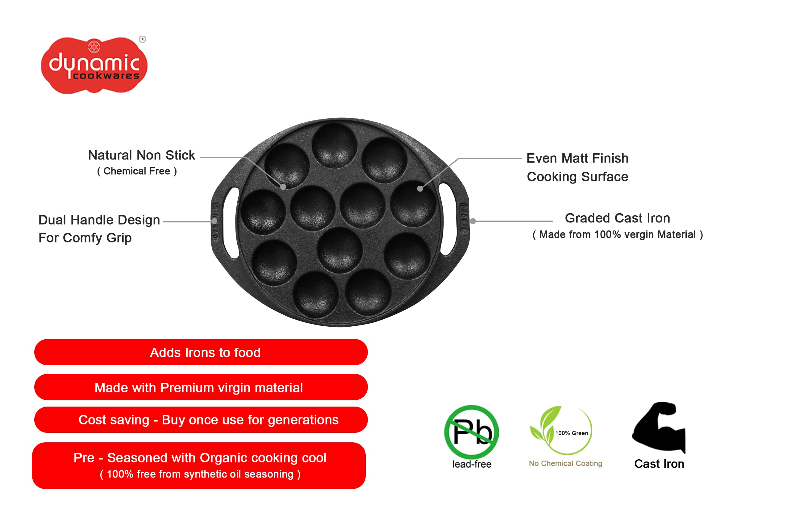 Dynamic Cookwares Pre-Seasoned Mini Paniyaram Pan | 8 Inch/20.9 Cm/12 Cavity | Naturally Nonstick Appe/Paddu Pan 12 Pit | 100% P