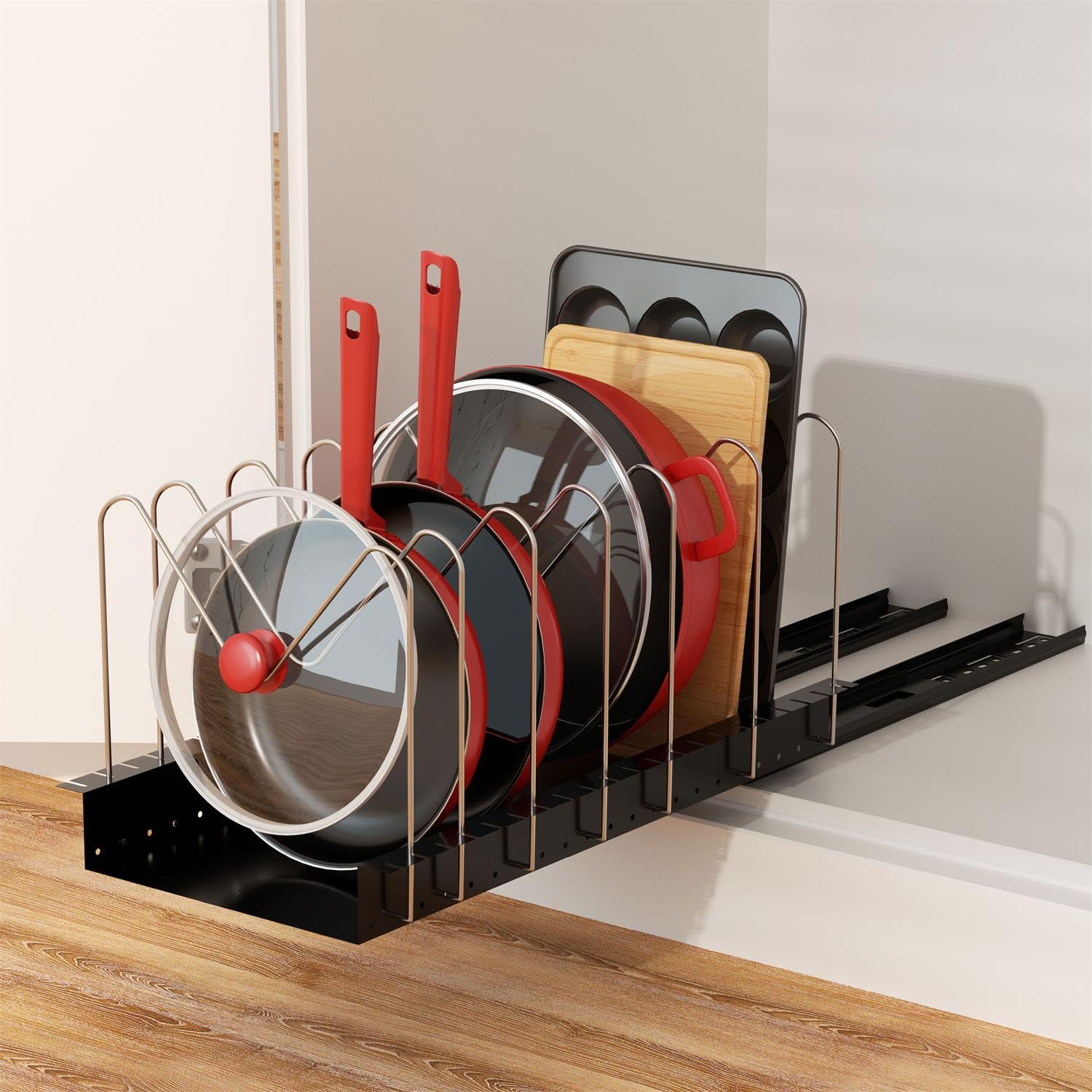Pull Out Pots And Pans Organizer For Cabinet - Sliding Lid Holder And Pan Rack In Kitchen, Cabinet Pull Out Shelves, Slide Out C