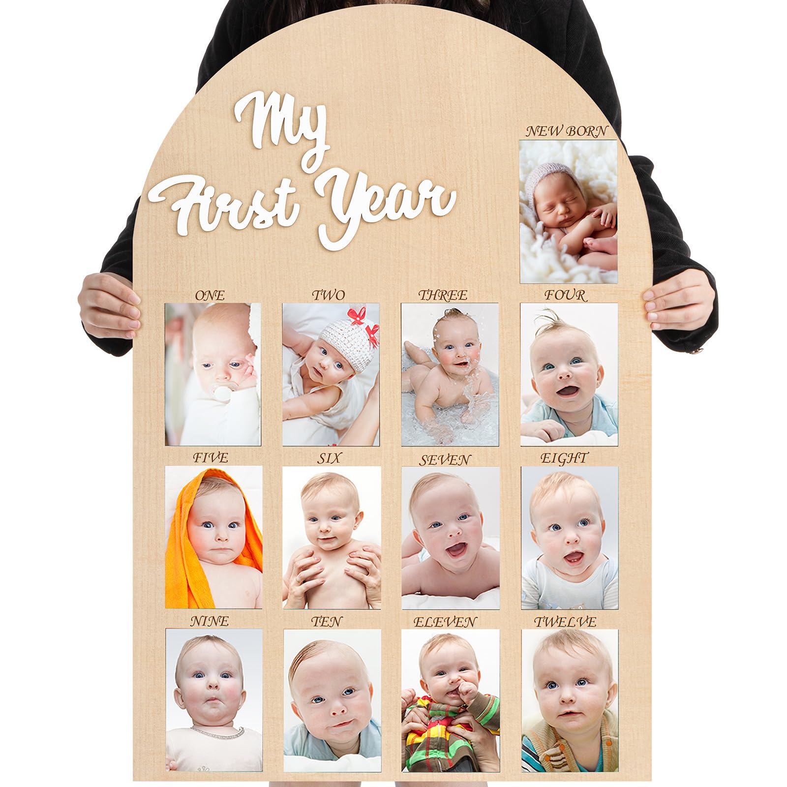 Kritkin My First Year Photo Board Baby Birthday Picture Frame 12 Monthly Wooden Photo Board 1st Birthday Decorations Baby Gift f