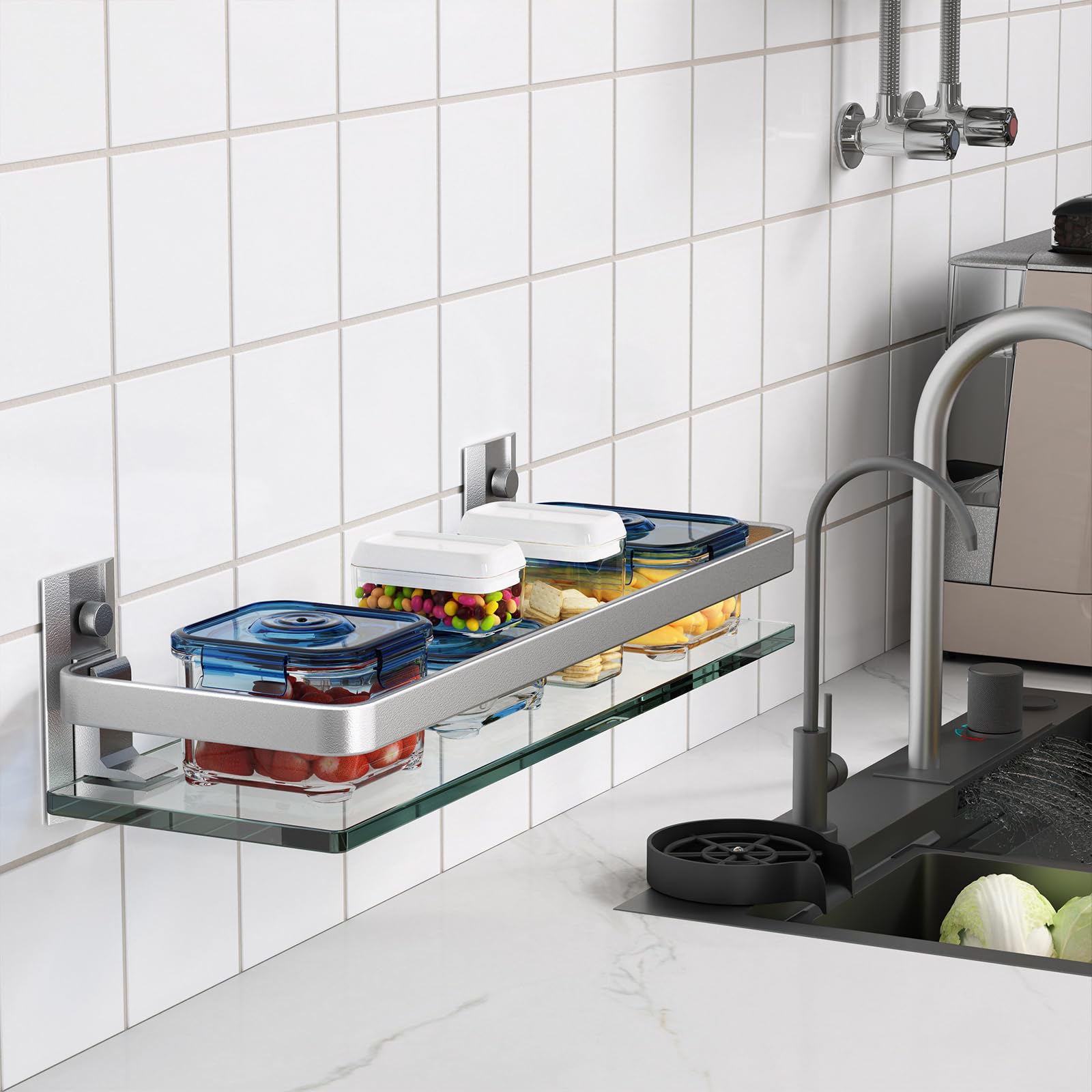 Danpoo Clear Tempered Glass Wall Shelf, Wall-Mounted Organizer For Bathroom, Kitchen(Matte Silver)