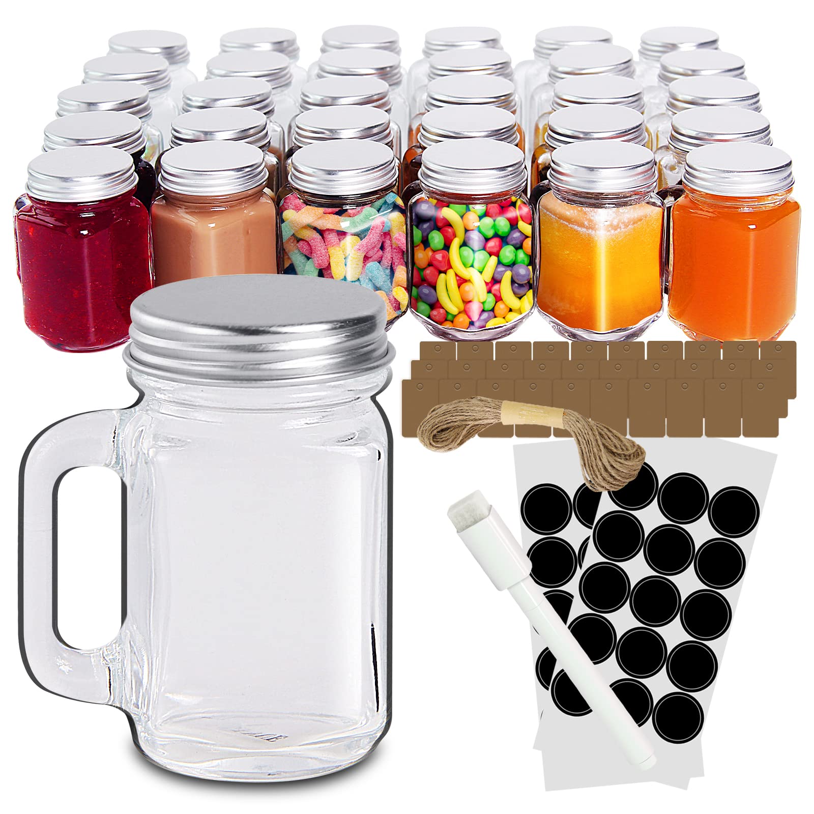 Desiyue 1.5Oz-30 Pack Mini Glass Mason Jars Set With Silver Lids & Handles, Small Favor Jars, Food Storage Containers For Weddin