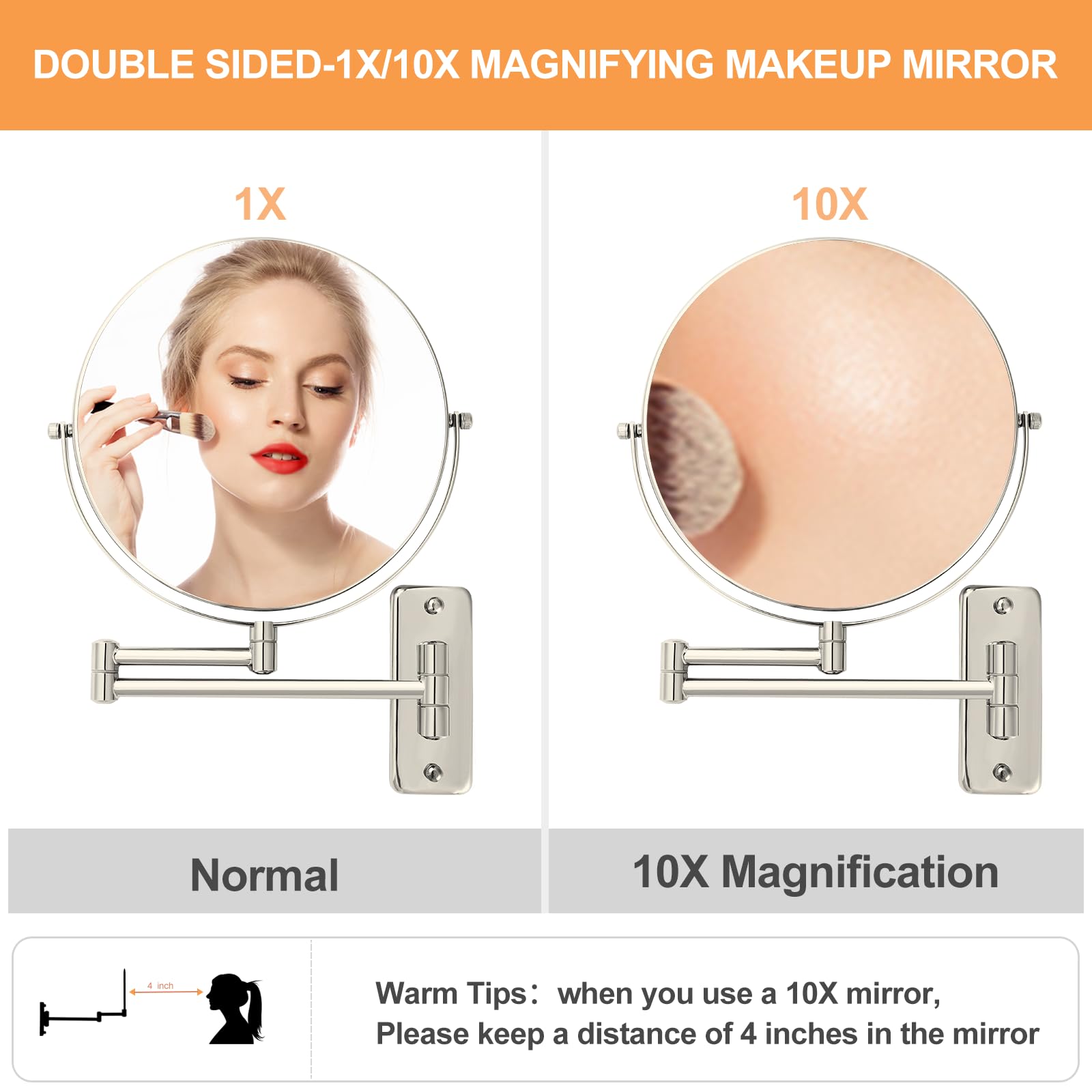 Ffowcye 8'' Wall Mounted Makeup Mirror, 1X/10X Wall Mount Magnifying Mirror With Double Sided Folding Extendable Arm 360 Rotatio