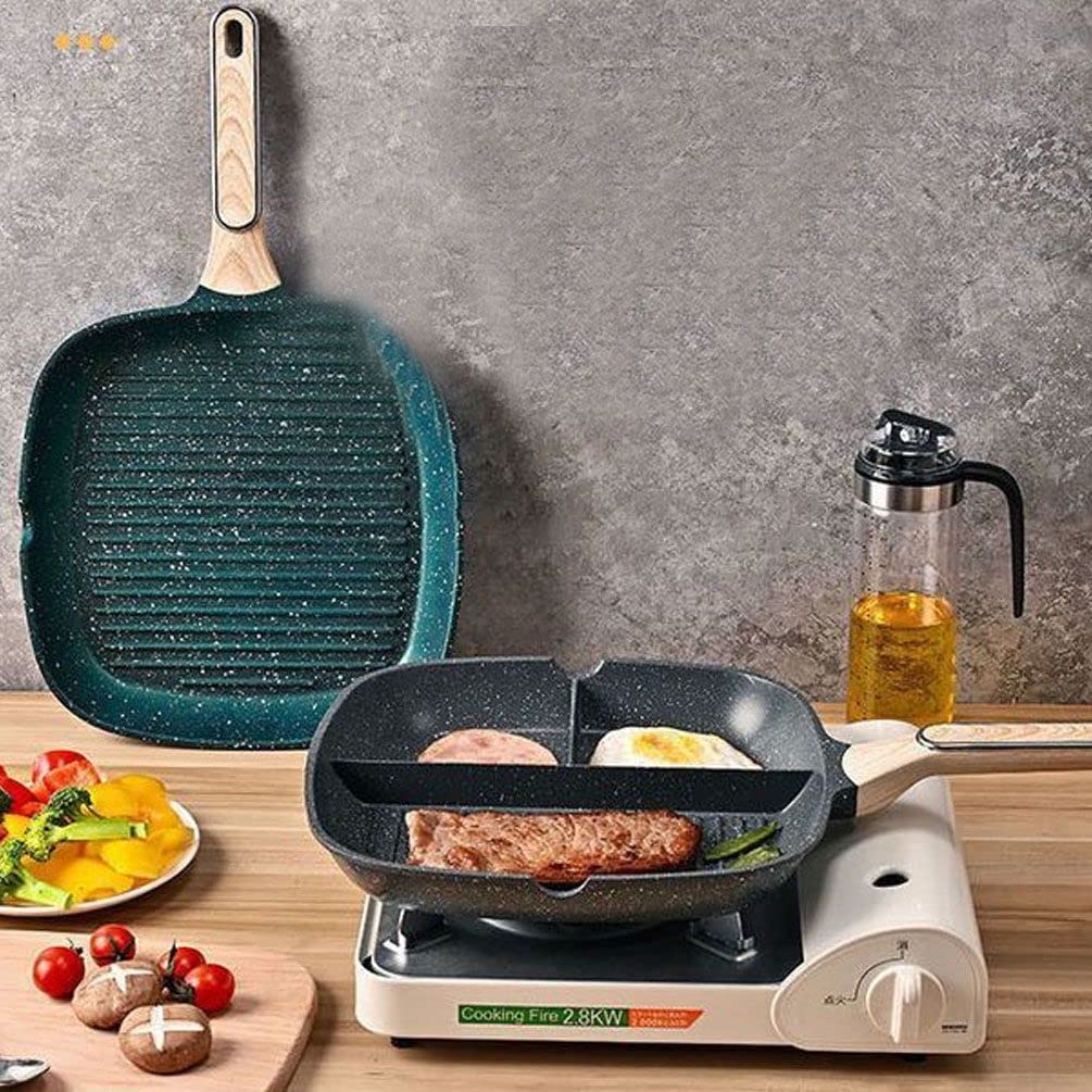 Justup Nonstick Grill Pan, 3-In-1 Egg Pan 11 Inch Non Stick Skillet Pan, Heat Resistant Handle 3 Section Skillet Pancake Pan, Di