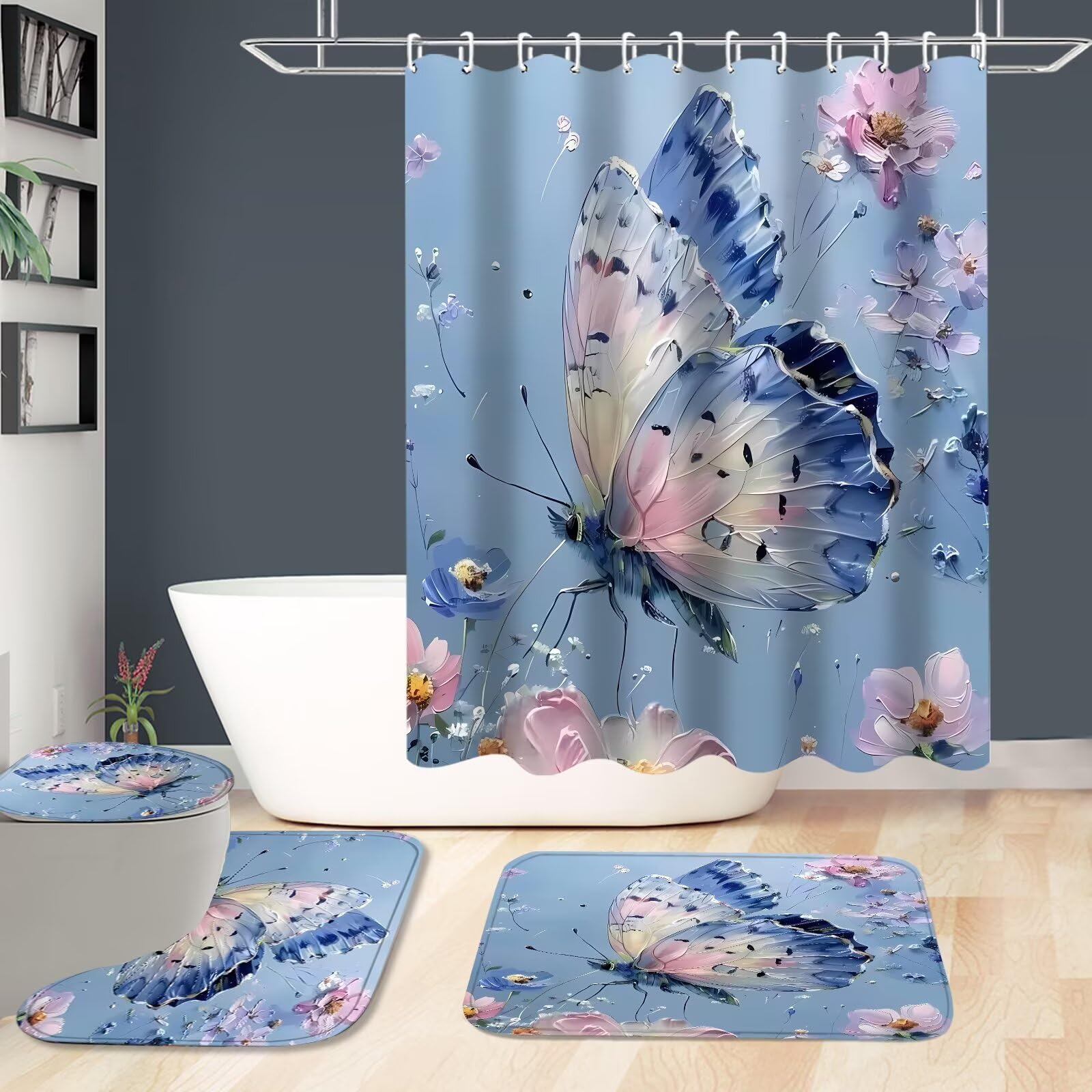 Ddqq 4Pcs Oil Painting Floral Shower Curtain Set Bathroom Sets Blue Butterfly Shower Curtain With 12 Hooks Bathroom Decor With R