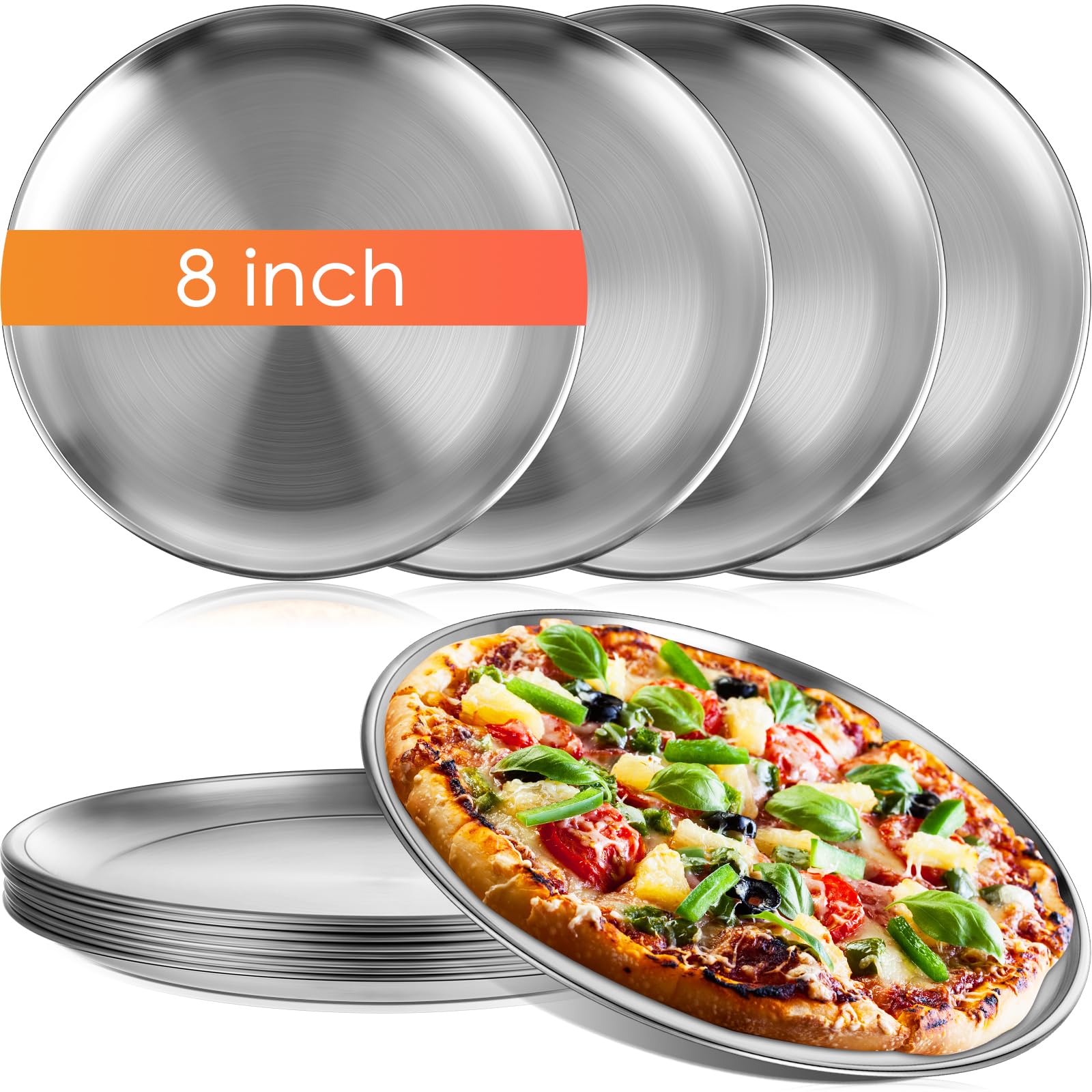 Thenshop 8 Pieces Stainless Steel Round Pizza Pans, 8 Inch, Rust Free, Reusable, Dishwasher Safe, Ideal For Baking, Serving, And