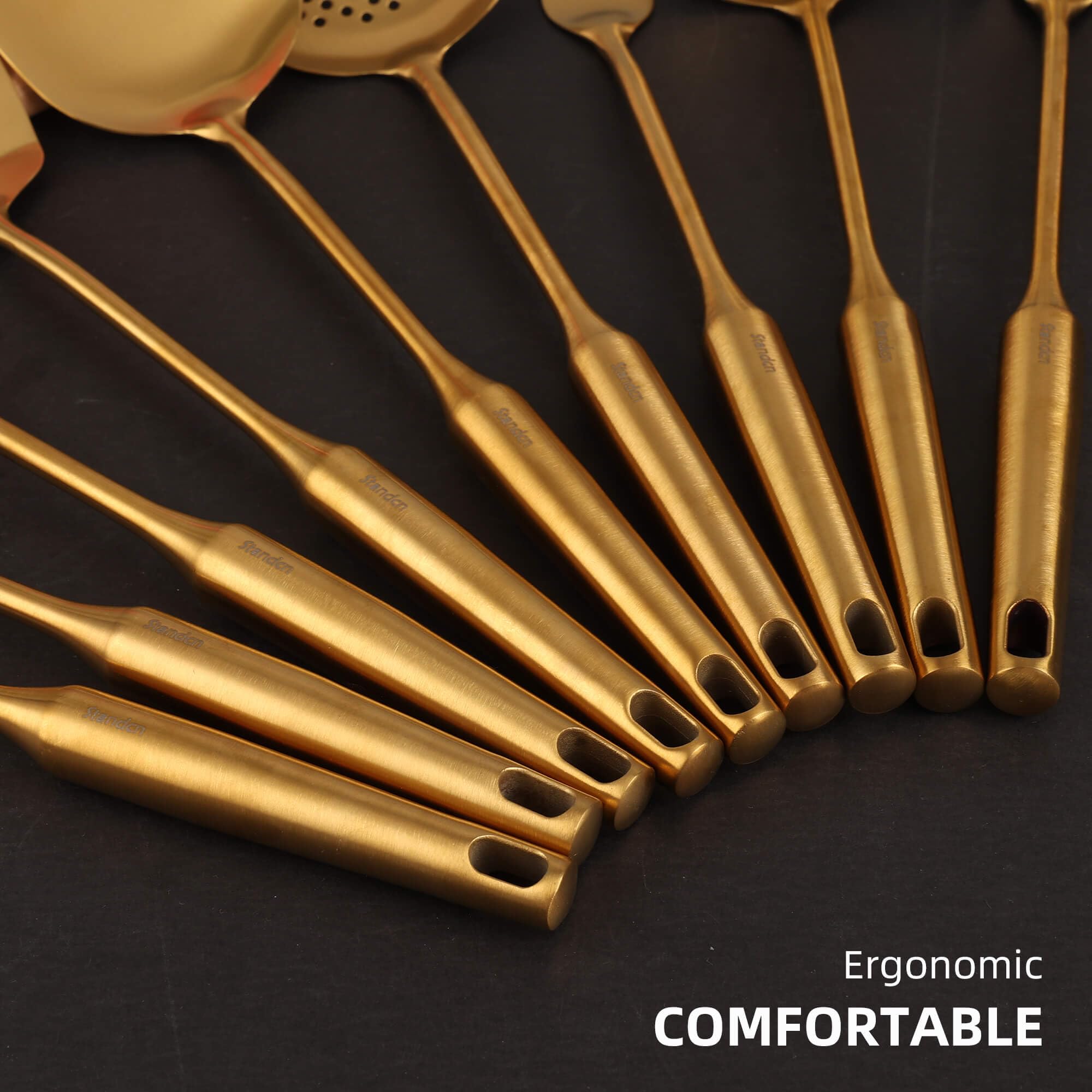 Gold Kitchen Utensils Set - 9 Pcs 304 Stainless Steel All Metal Cooking Tools, 15'' Long Serving Utensils With Fork, Solid/Slott