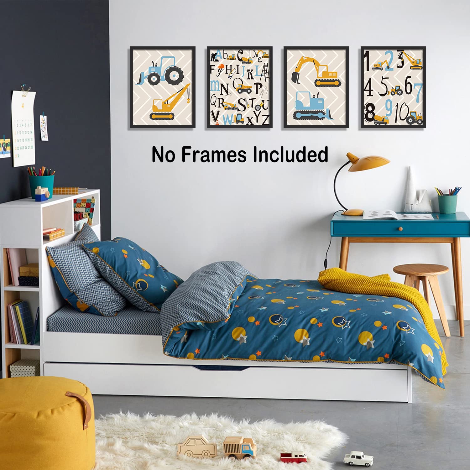 Kairne Cartoon Construction Art Print, Set Of 4 (8X10   ) Trucks,Digger,Transport Vehicle Canvas Poster,Alphabet Numbers Art Pai