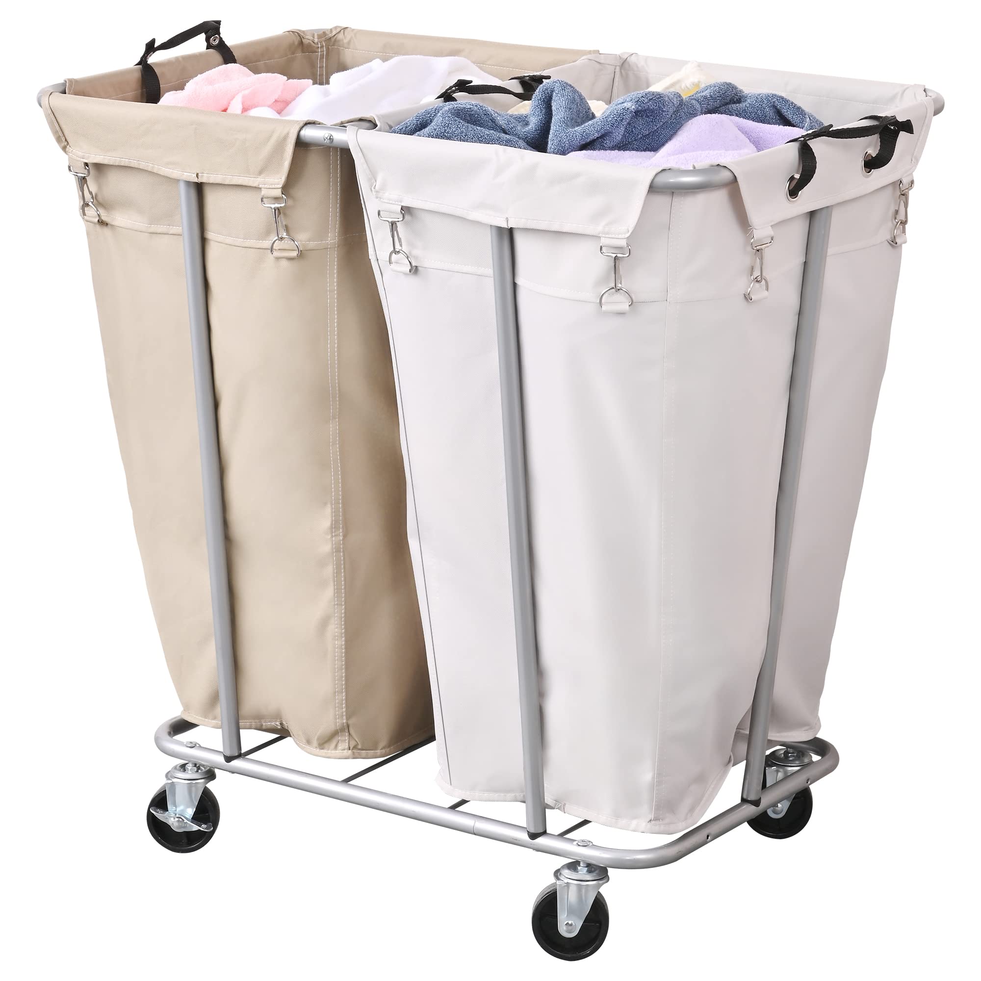Plkow Laundry Cart With Wheels 280L Large Laundry Sorter 2 Section For Commercial/Home, Rolling Laundry Cart With Steel Frame An