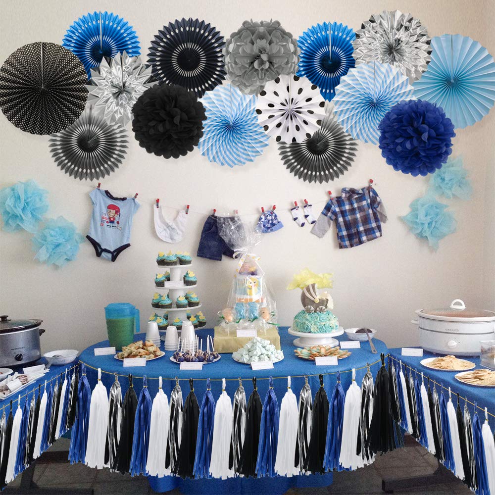Meiduo Navy Blue Silver Black Party Decorations Hanging Paper Fans Pom Poms Flowers Tissue Tassel Garland For Graduation Boy Kid