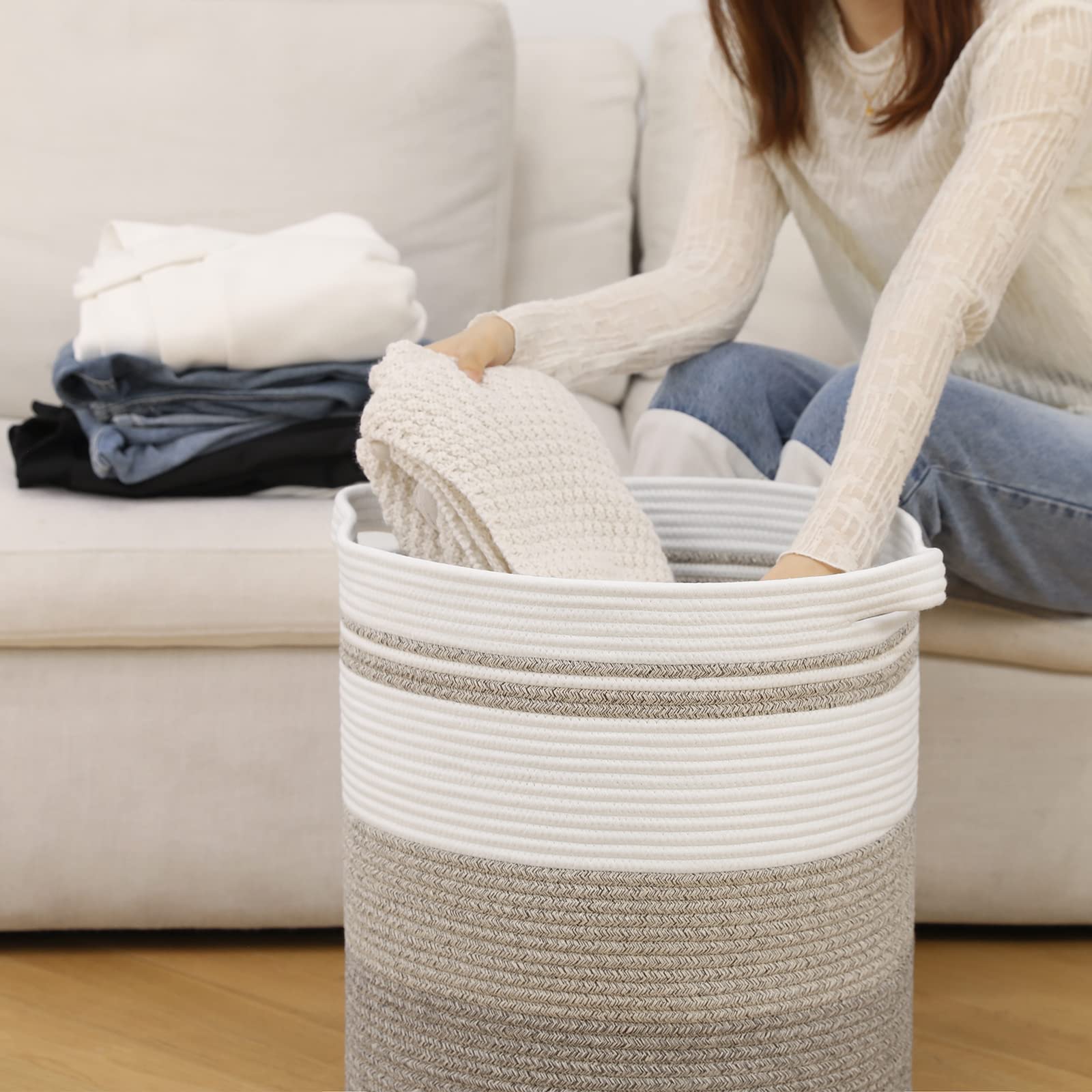 OIAHOMY 58L Laundry Baskets-Laundry Hamper  Storage Basket with Handles  Decorative Basket for Living room  Woven Storage Basket for Toys Bin  Pillows  Blankets  Clothes-18x16in-Gradient Brown