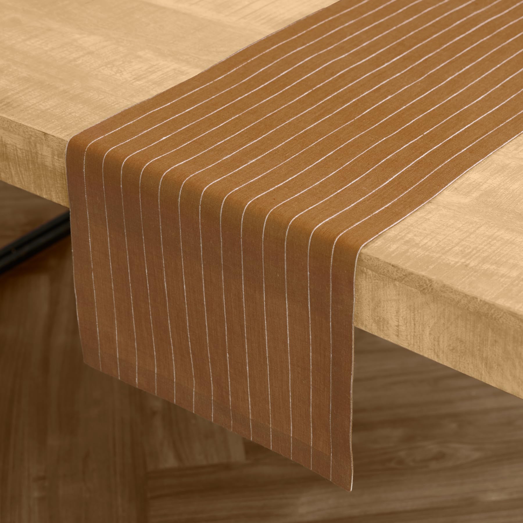 Solino Home Pinstripe Linen Camel And White Table Runner 120 Inches Long - 100% Pure Linen Dining Table Runner 14 X 120 Inch Ide