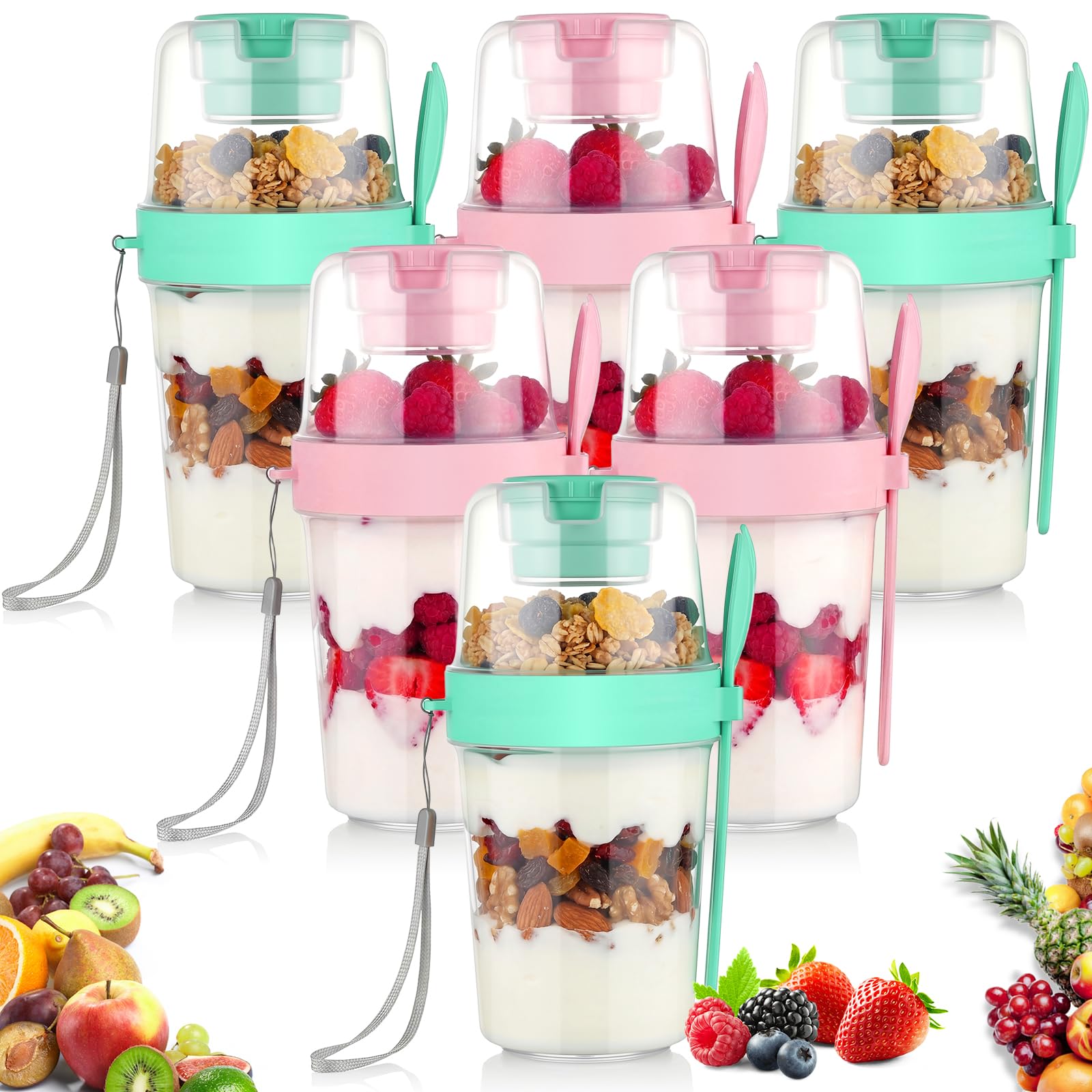 Zhehao 6 Pack 27oz Yogurt Parfait Cups with Lids, Plastic,Green&pink