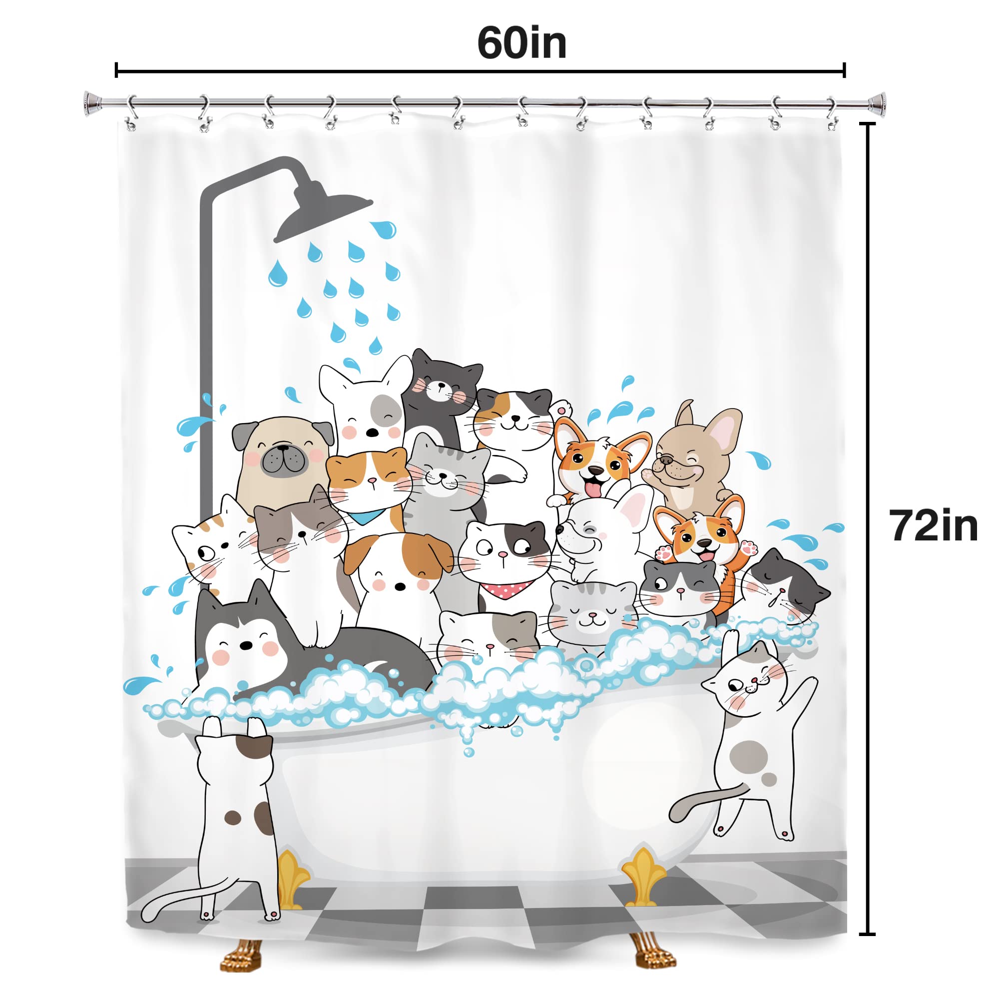 SVBright Funny Cats and Dogs Shower Curtain 60Wx72L Inch Kids Cartoon Cute Pets Animal Bathtub Raining Playing Showering Lovely Boys 12 Pack Hooks Polyester Waterproof Fabric Bathroom Bathtub Panels