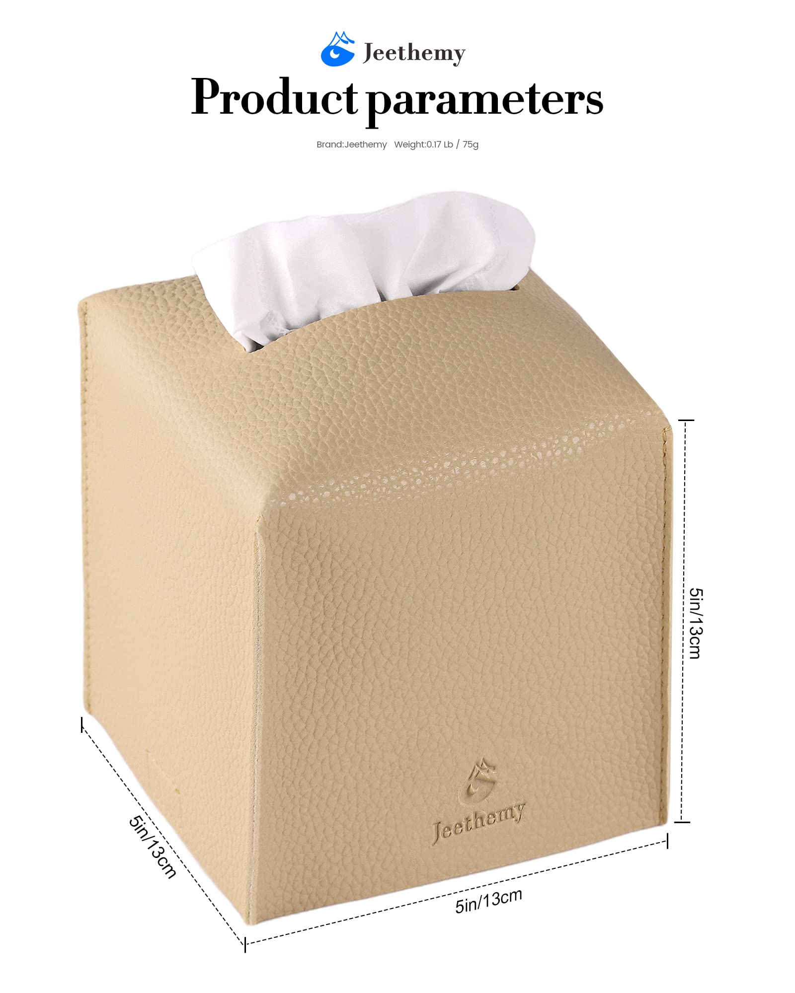 Tissue Box Cover, Jeethemy Square Pu Leather Tissue Box Holder, Modern Tissue Case Facial Paper Organizer Dispenser,5X5X5'',Thre