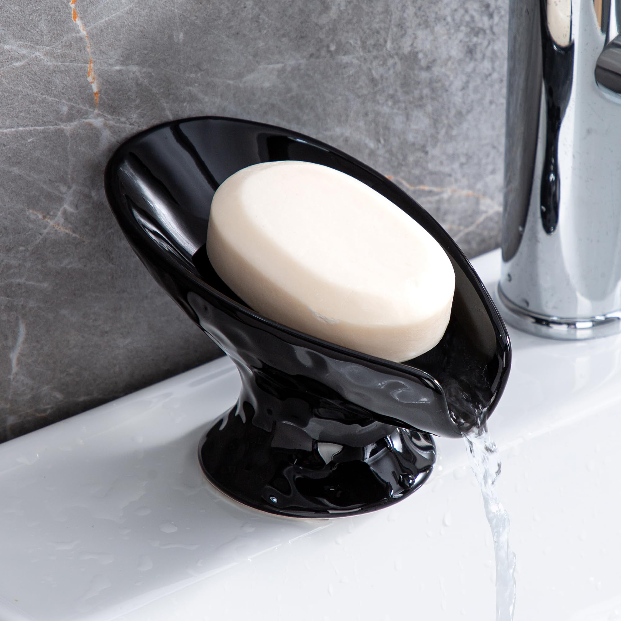 Self Draining Soap Dish, Bar Soap Holder For Shower,Black Ceramic Soap Dishes For Bathroom Kitchen Shower Keeps Soap Dry, Easy T