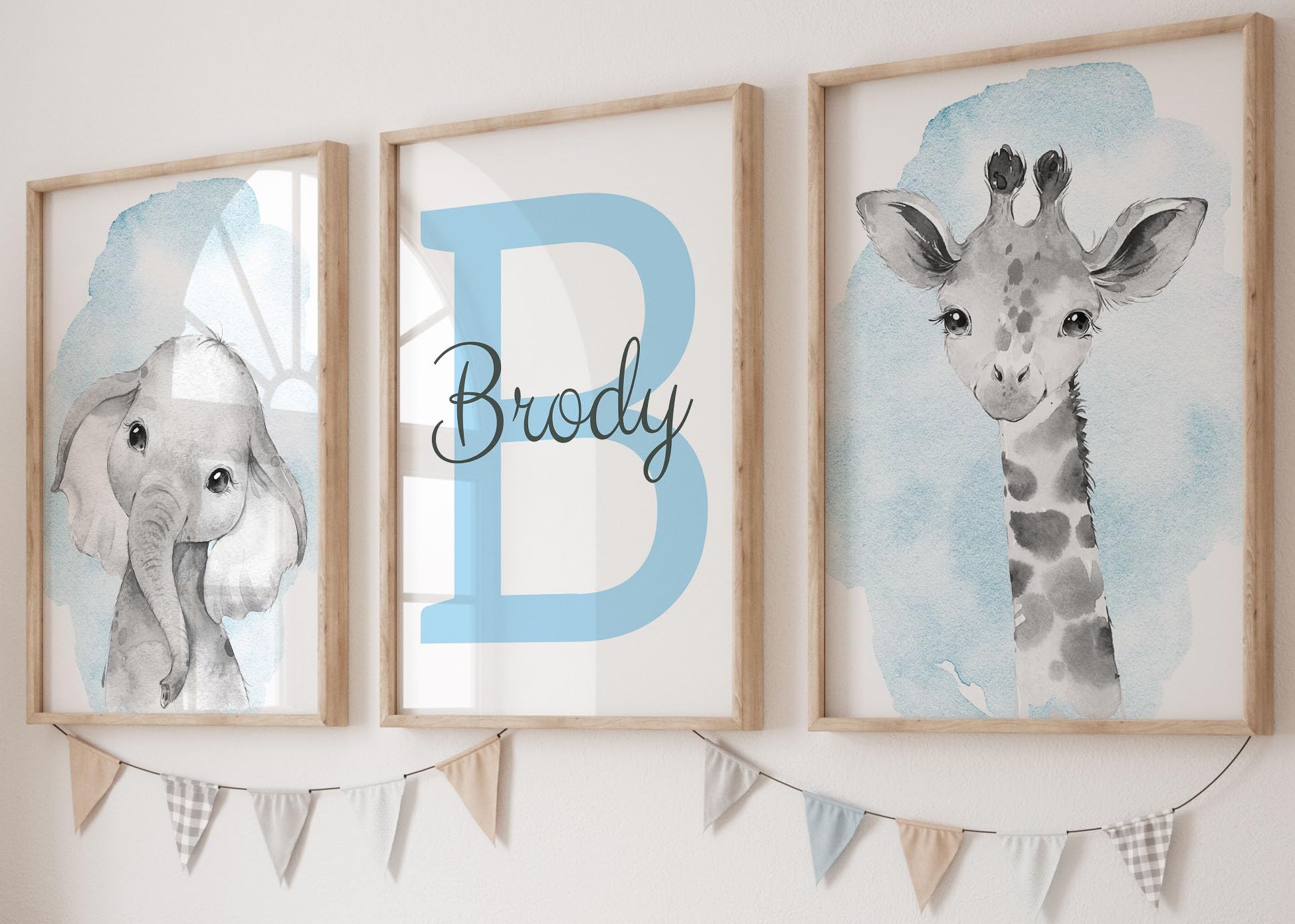 Personalized Safari Animals for Baby Boy Girl Nursery Bedroom  Unframed Set of 3 Poster Prints  Personalized Name Gray Blue Green Yellow Watercolour Splash Wall Art Decor  Gift Present  Elephant Giraffe Lion (12x16)