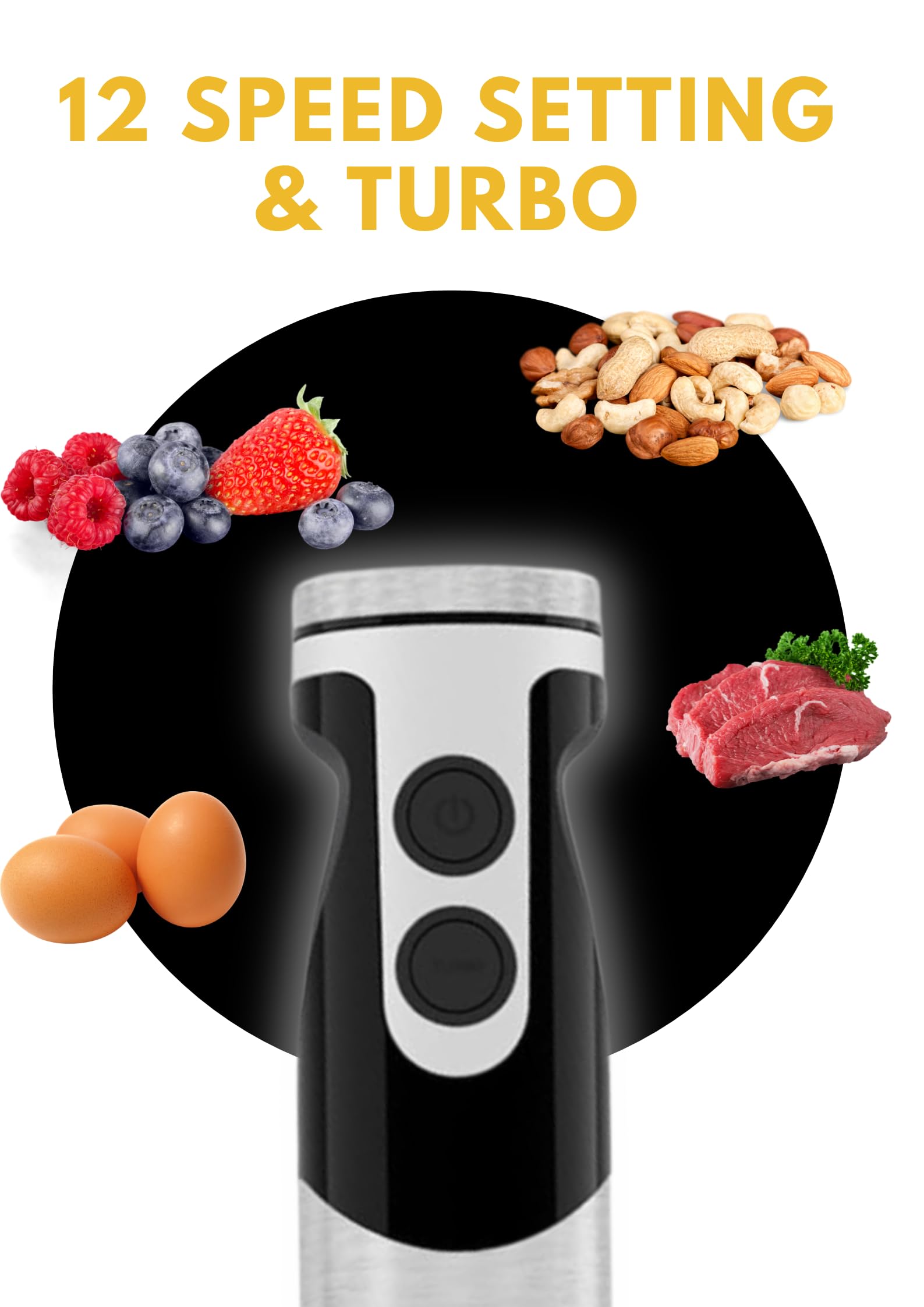 MegaWise Stainless Steel Titanium Reinforced 3-in-1 Immersion Hand Blender  Powerful with 80% Sharper Blades  12-Speed Corded Blender  Including Whisk and Milk Frother (3-in 1 Black)