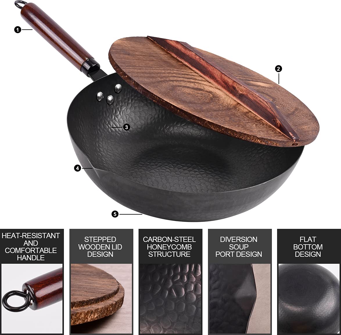Leidawn 12.8" Carbon Steel Wok with Lid, 11-Piece Set, Black - Non-Chemical Coated for Electric, Induction, Gas Stoves