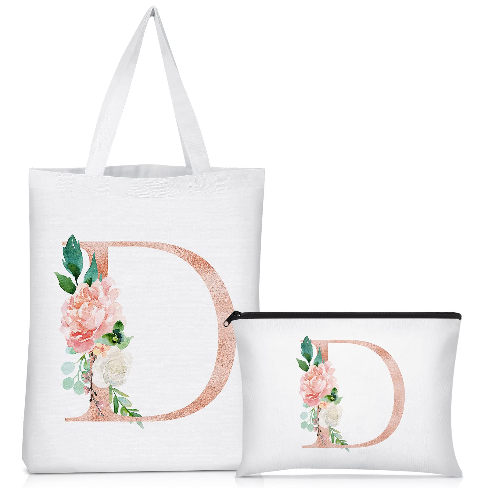 2 Pcs Initial Canvas Tote Bags Floral Letter Travel Cosmetic Bags Personalized Beach Bags Monogrammed Bags Portable Makeup Zippe