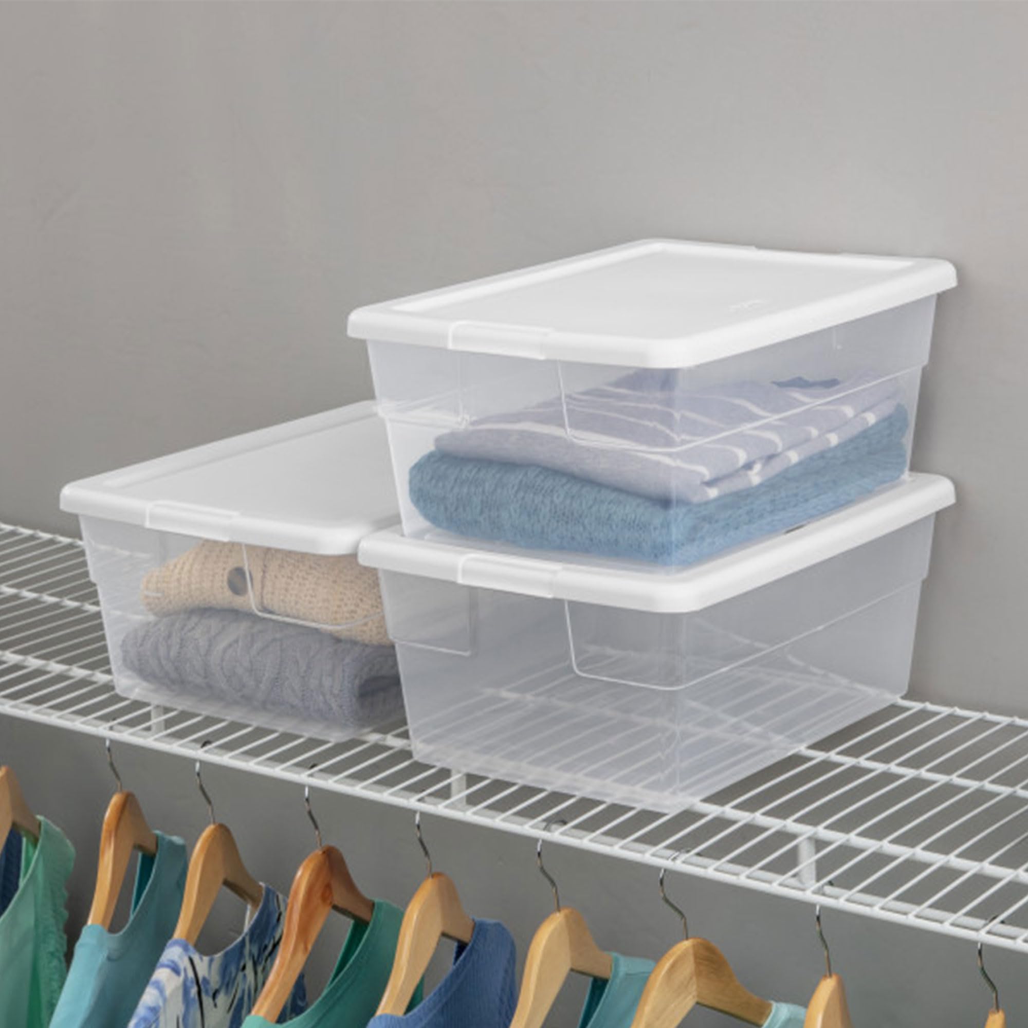 Sterilite 16 Quart Storage Box, Stackable Bin With Lid, Organize Shoes, Crafts In Home Closet, Office, School, Clear With White