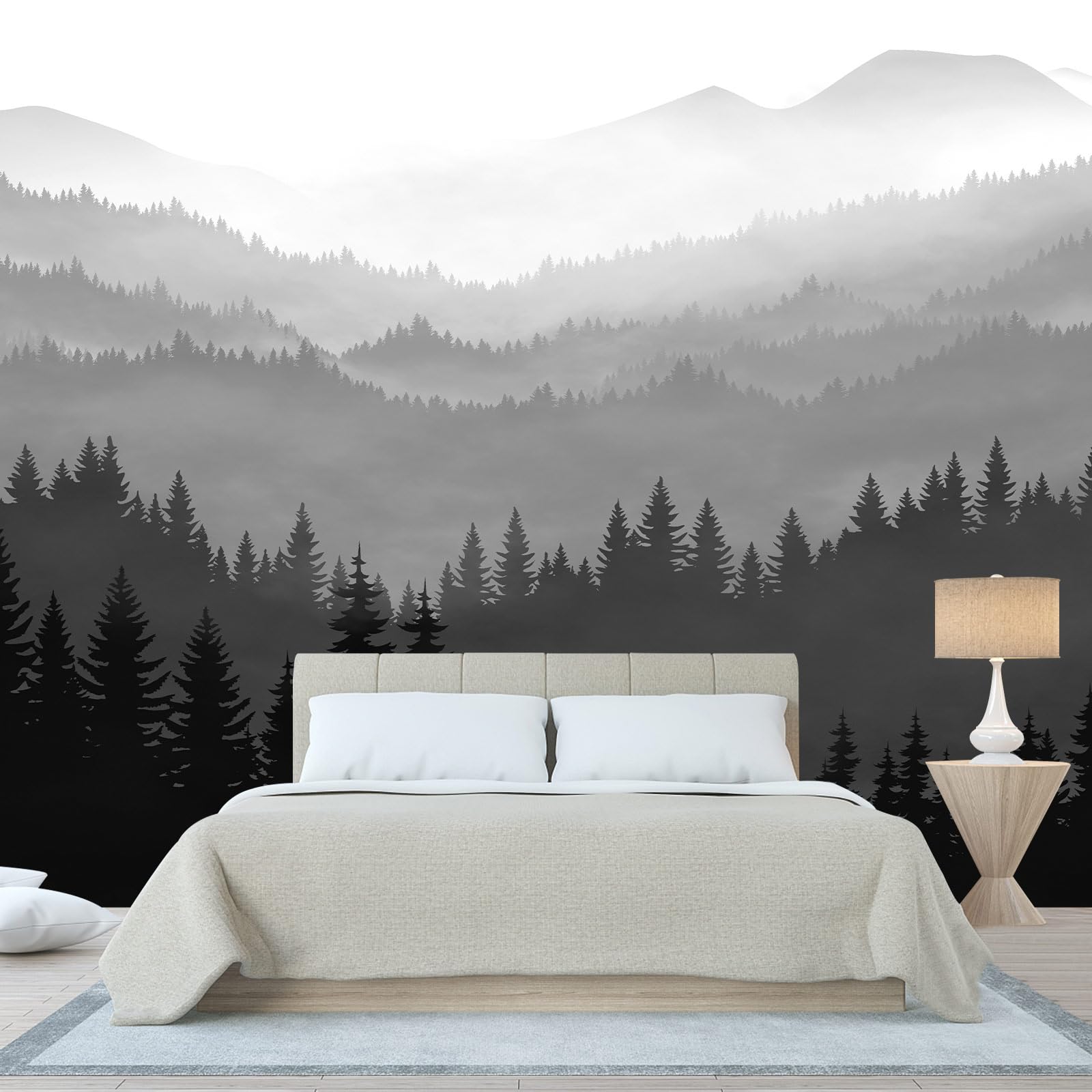 WFBHUA-Black and White Forest Mountain Wallpaper Gray Woodland Nature Landscape Wall Paper Mural for Bedroom Living Room(Not Pee