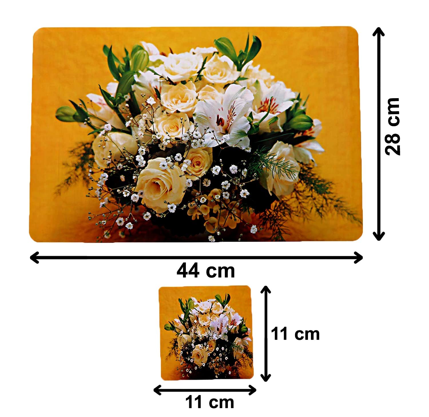 Kuber Industries Flowar Pot Design Pvc 6 Piece Dining Table Placemat Set With Tea Coasters (Yellow)-Ctktc32185