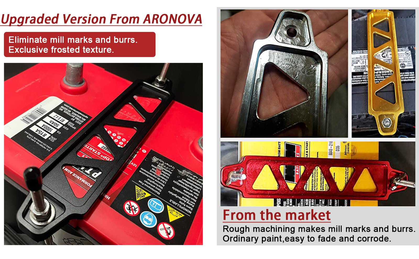 Aronova Battery Hold Down Sets,With Billet Aluminum Battery Tie Down Bracket And 18-8(304) Stainless Steel J Bolts (Black, 10 In