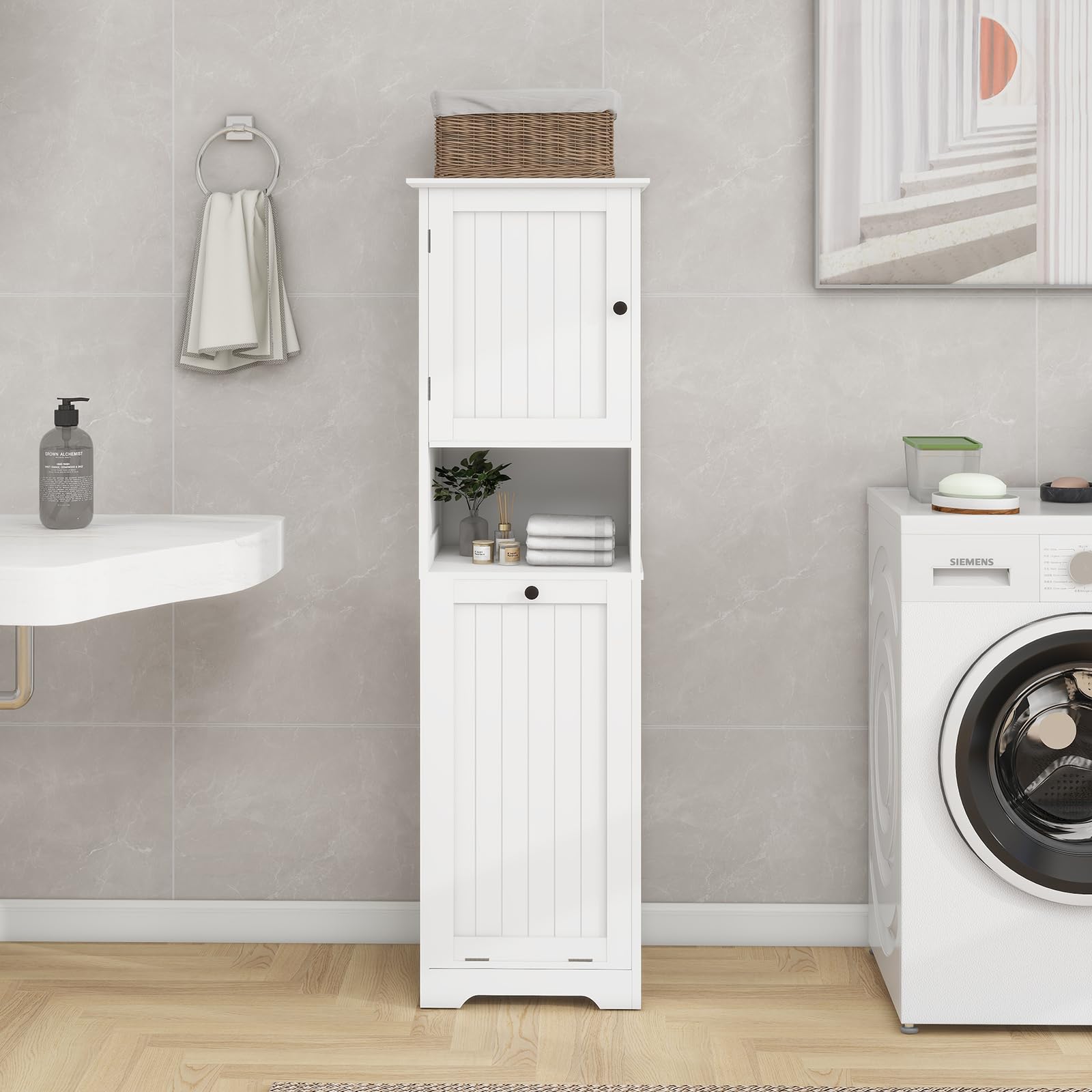 Locsear Tilt Out Laundry Hamper Cabinet, 55 Tall Bathroom Storage Cabinet Laundry Cabinet With Shelves And Clothes Basket, Hampe