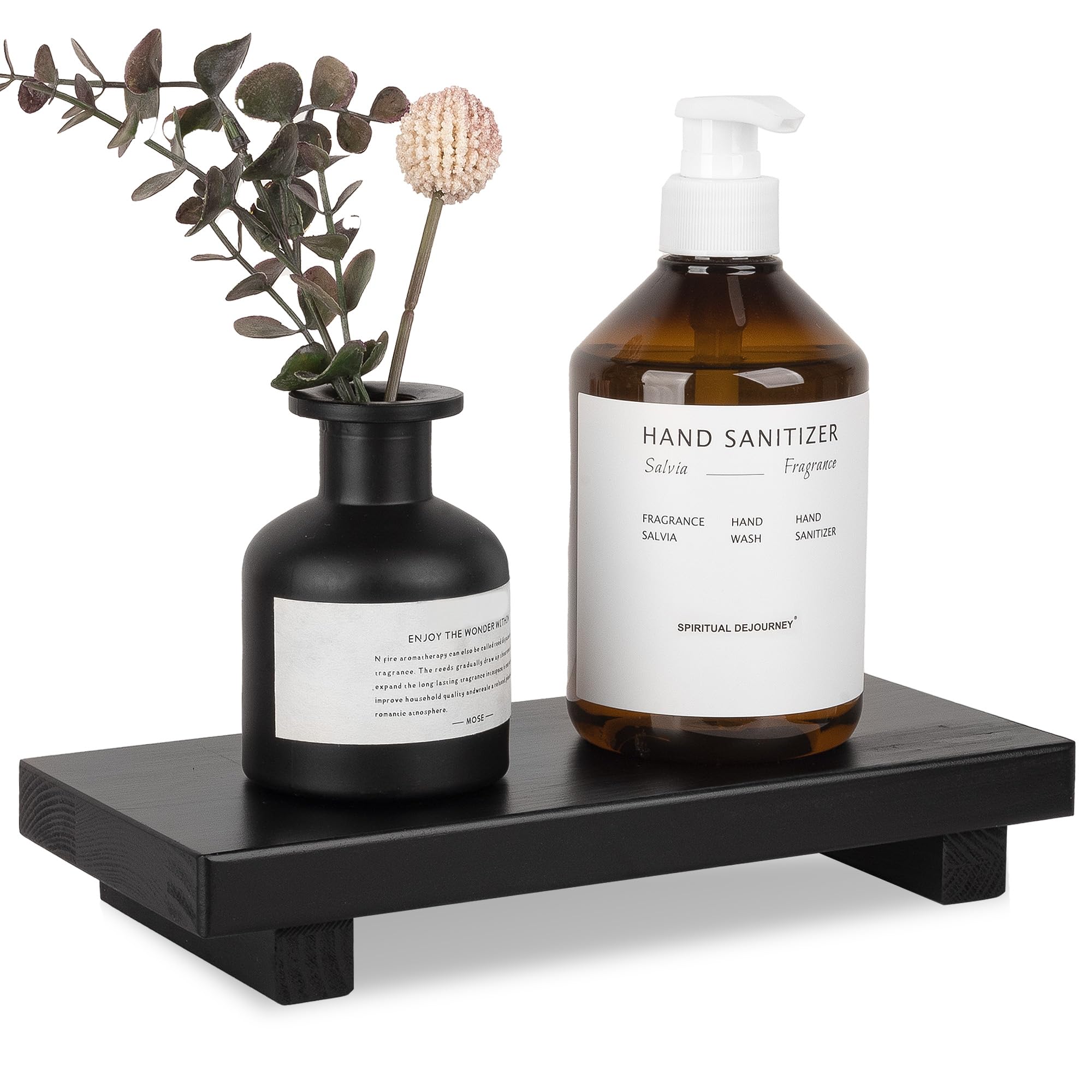 Bathroom Counter Organizer Wood Pedestal Stand Farmhouse Decorative Tray Soap Holder For Kitchen Decor, Large 10'' X 4.5'' - Bla