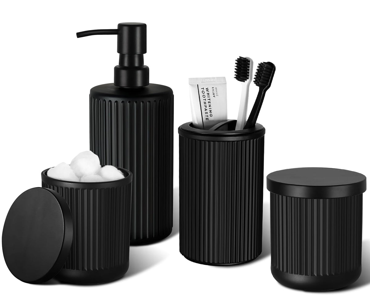 Kasunting Matte Black Bathroom Accessories Set, 4 Pcs Glass Bathroom Accessory Set, Soap Dispenser, Toothbrush Holder, Qtip Hold