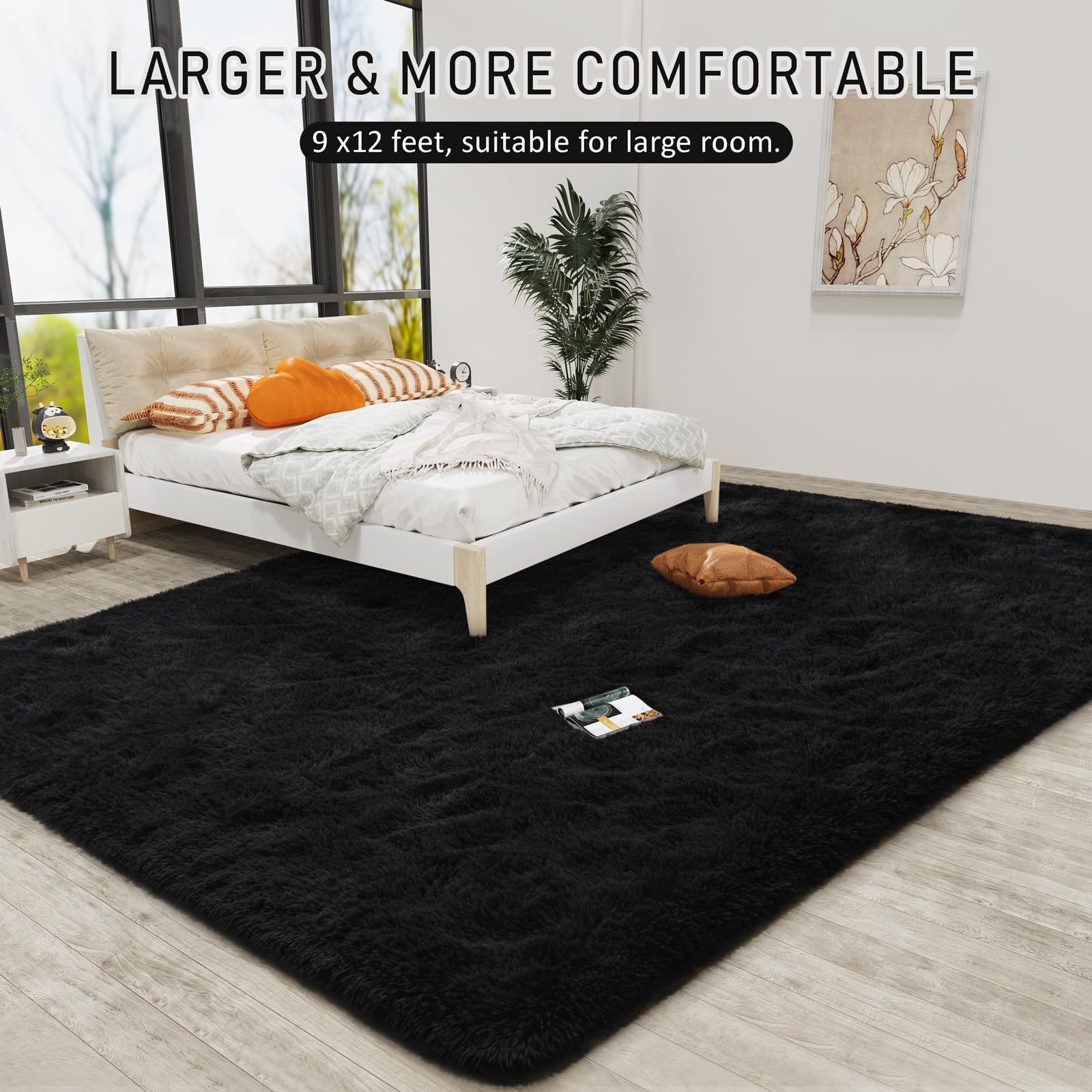 LOCHAS Ultra Soft Indoor Modern Area Rugs 10x14, Fluffy Living Room Carpets for Children Bedroom Home Decor Nursery Rug, Black