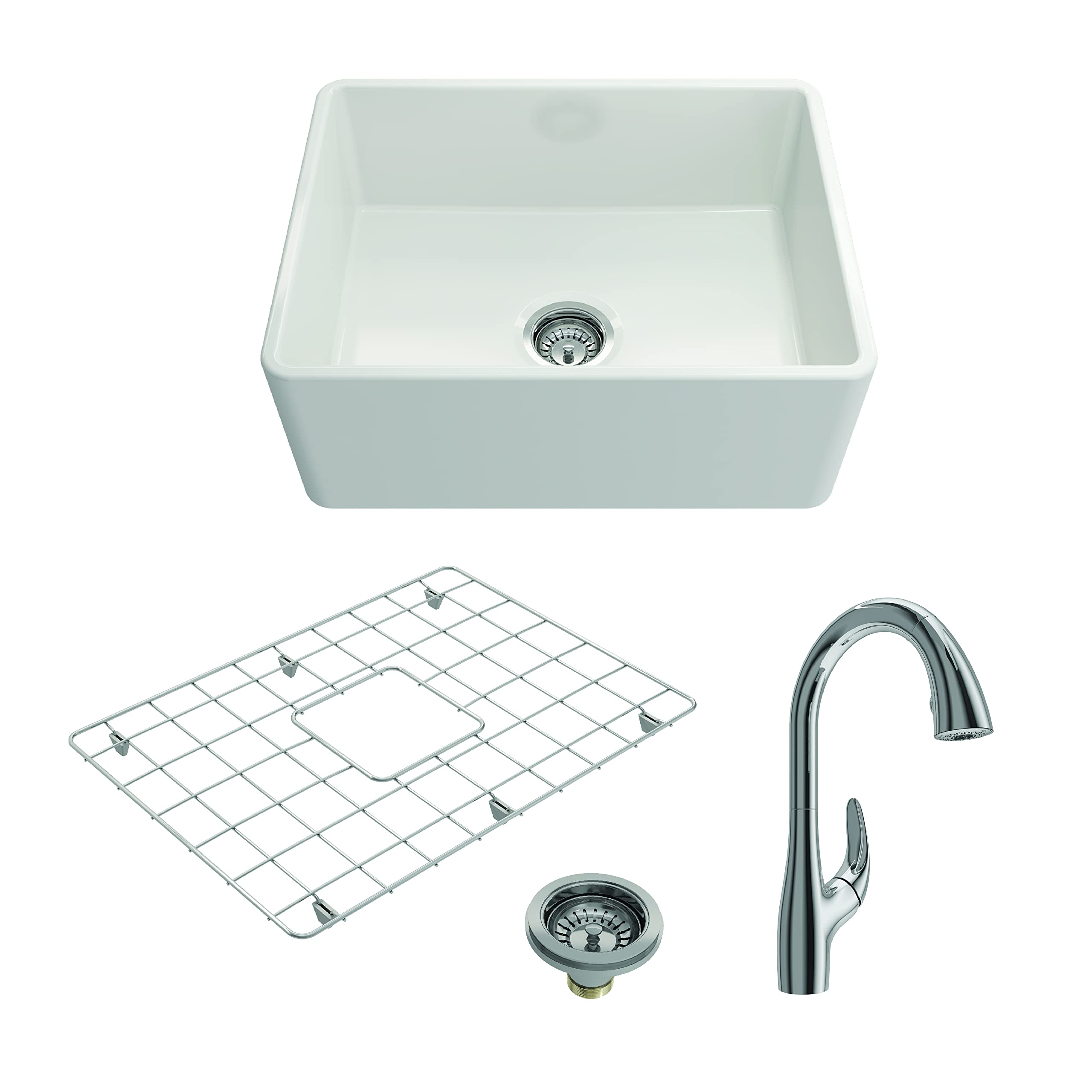 Bocchi Classico White Apron Front Fireclay 24 In. Single Bowl Kitchen Sink With Protective Bottom Grid, Strainer, And Chrome Fau