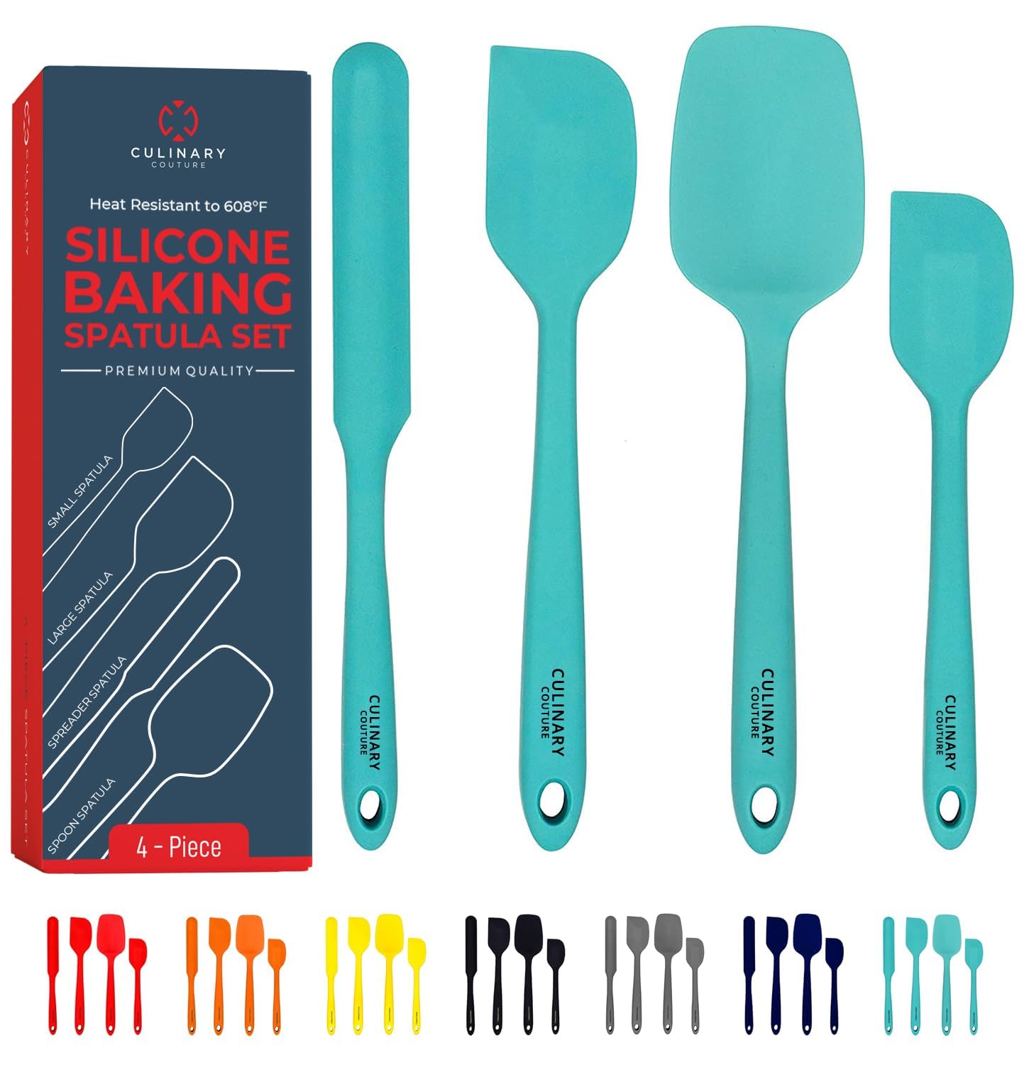 Culinary Couture 4-Piece Aqua Silicone Spatula Set - Heat Resistant up to 608F, BPA-Free Spatulas for Nonstick Cookware - Baking
