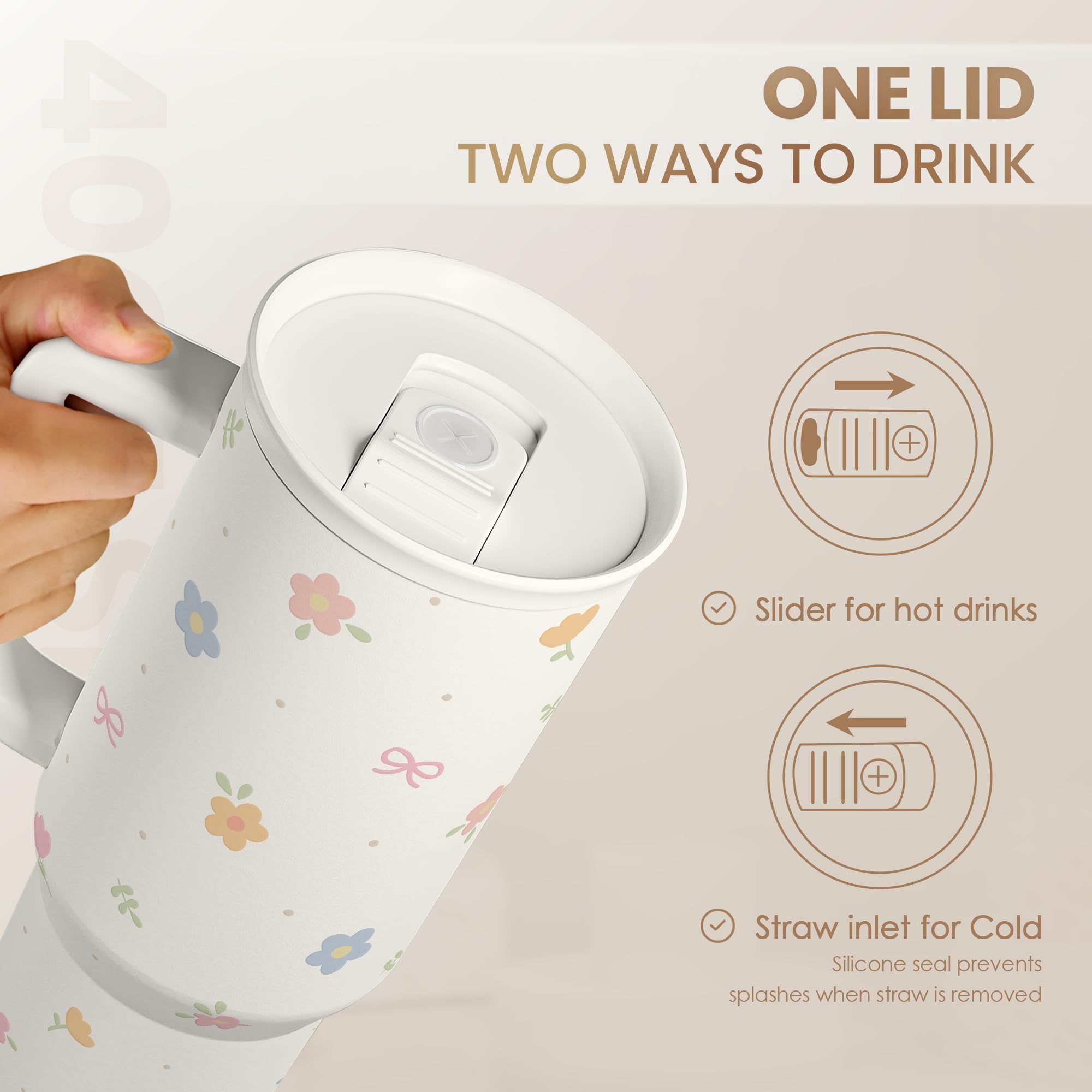 SANDJEST Floral 40oz Slider Tumbler with Handle and Straw - Insulated Stainless Steel Travel Coffee Mug for Women Girls, Gift fo